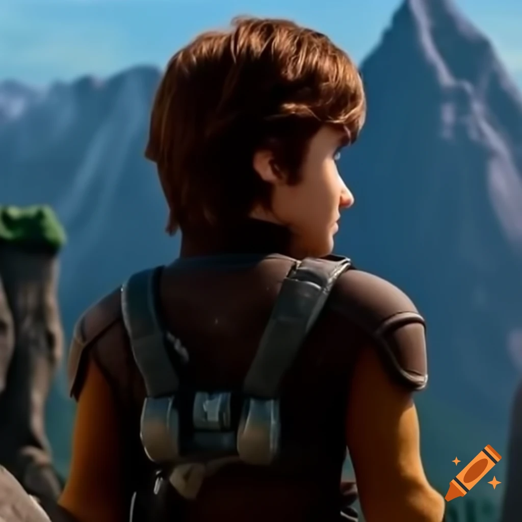 Hiccup Horrendous Haddock III looking at a mountain from behind on Craiyon