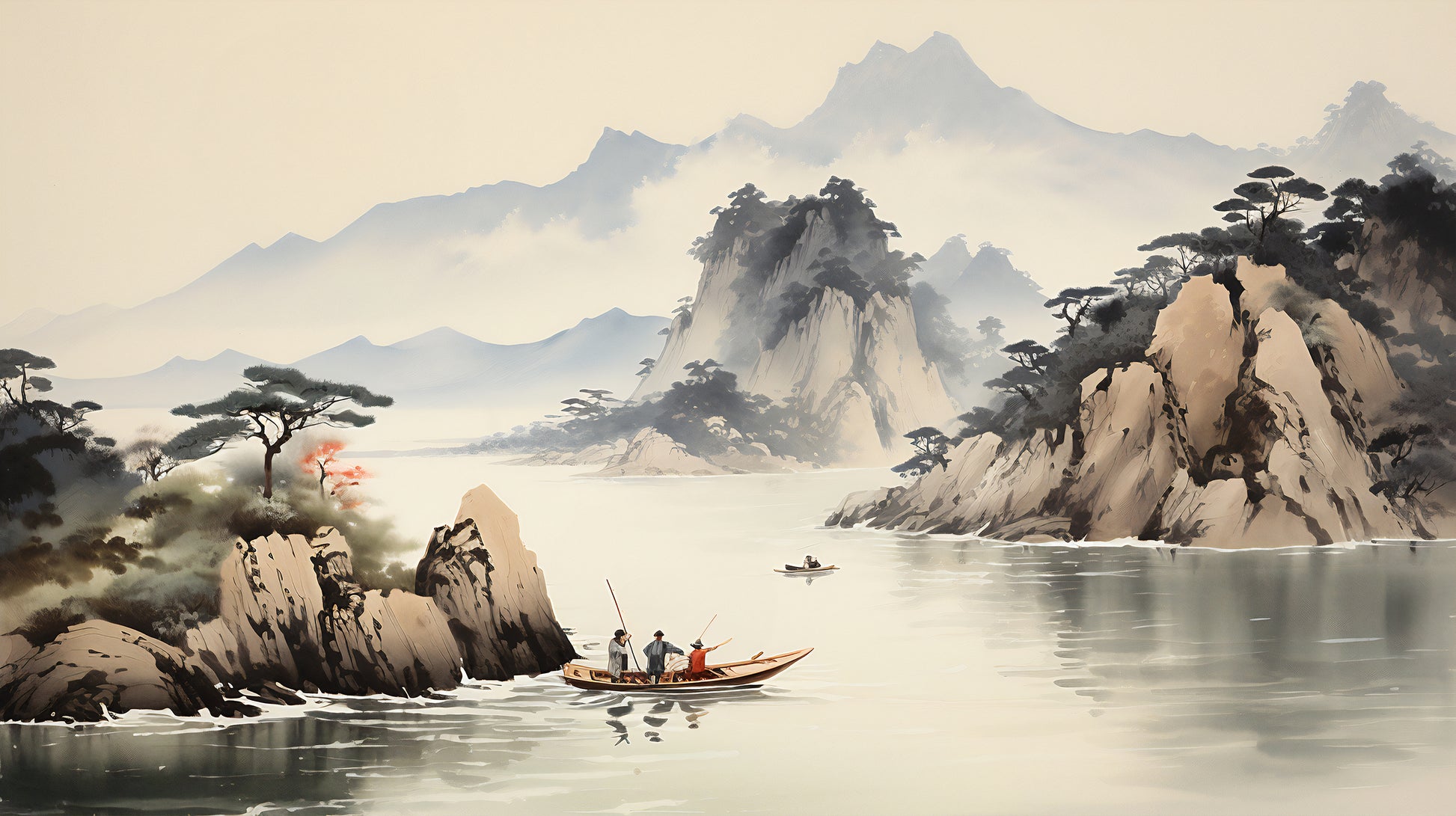 Chinese Ink Wash Painting Wallpaper. Self Adhesive Decor. Asian Landscape Removable Mural