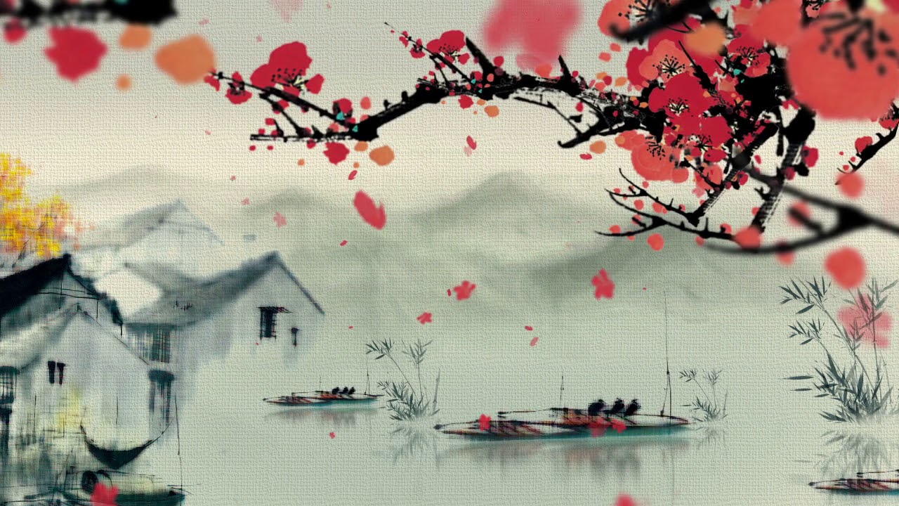 Chinese ink painting red plum blossom in southern China photography background video background