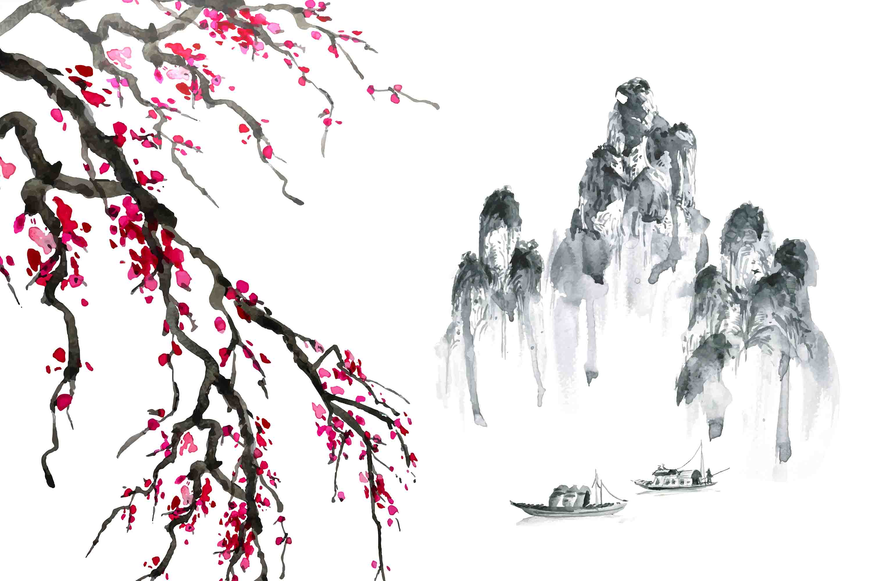 3D Chinese Ink Painting Mountains Plum Blossom Branches Wallpaper Wall