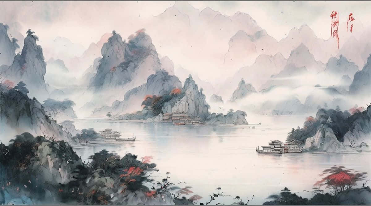 Download Misty Mountain Lake Chinese Ink Painting Wallpaper