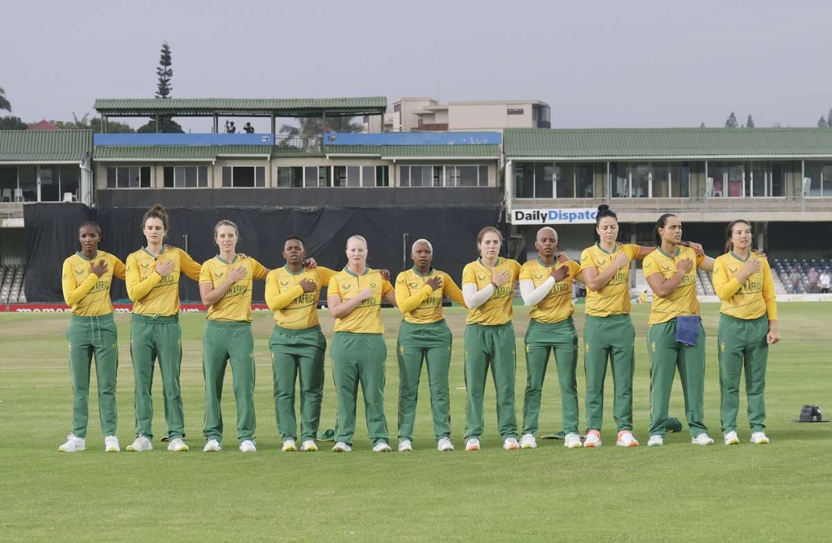 South Africa players sing the national anthem