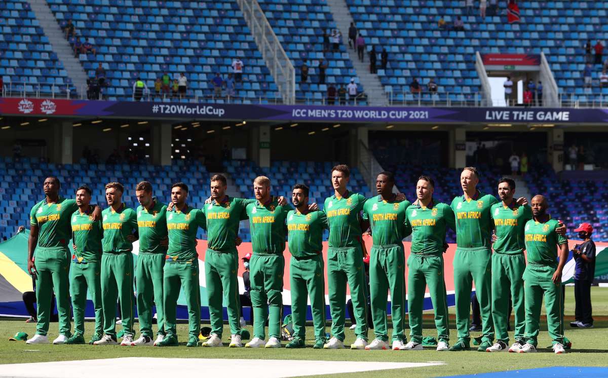 The South Africa players line up for their national anthem