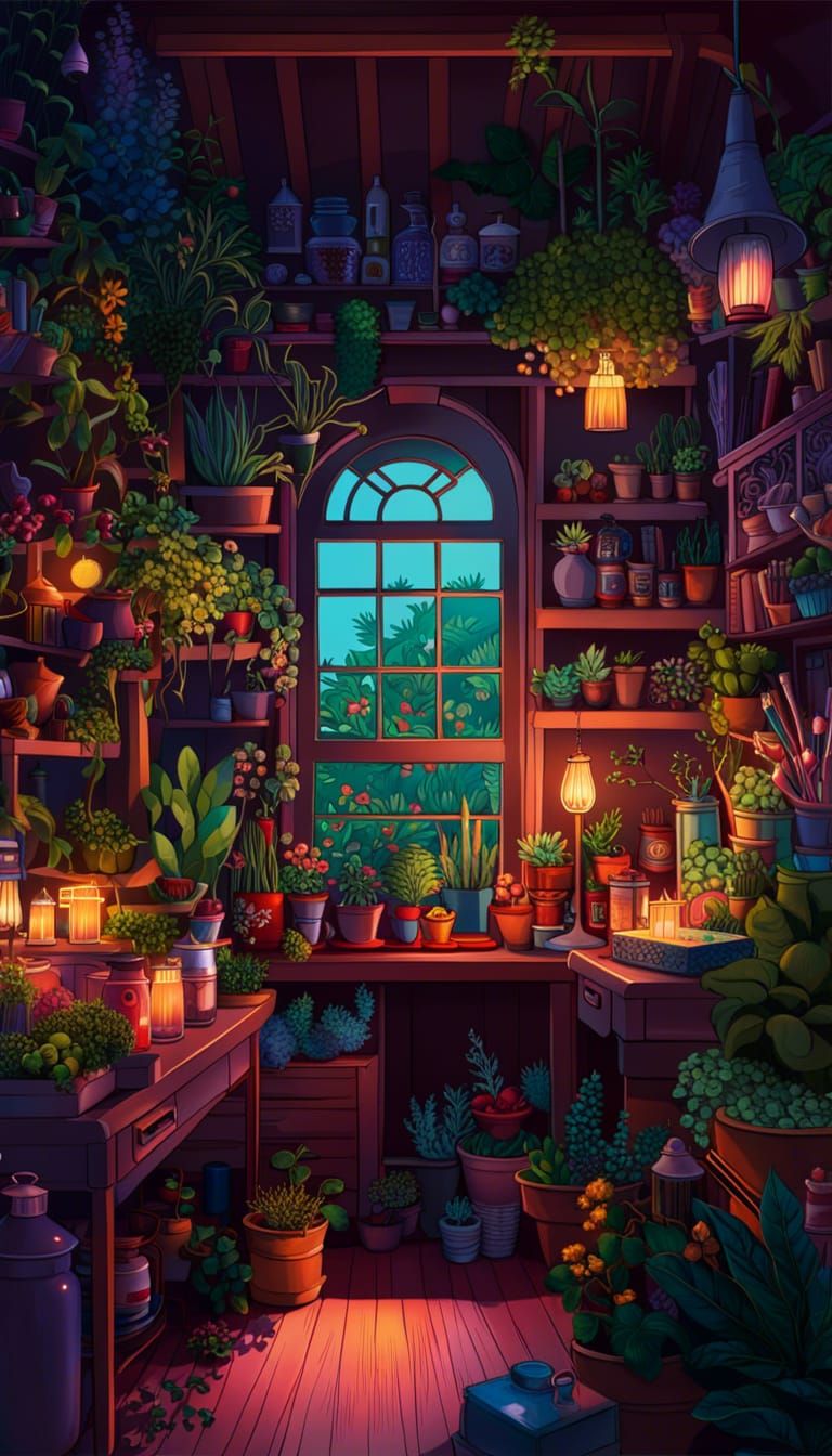 Digital Illustration Of Cottagecore Lo Fi Aesthetic Cozy Very Messy Decorated Plant