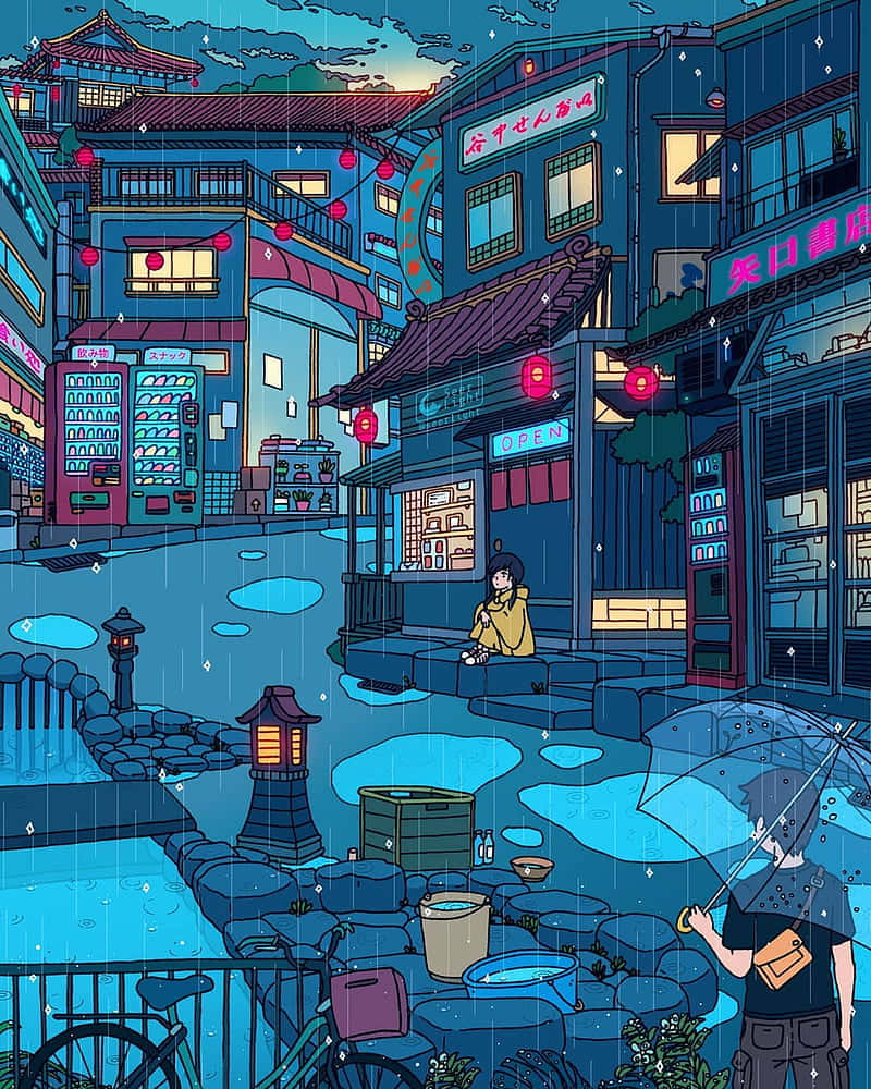 Download Pixelated Night Tokyo Anime City Wallpaper
