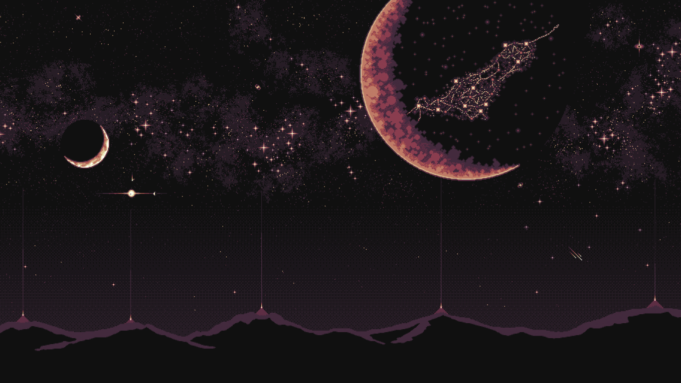 Pixel art dark sky planets fantasy silhouette art wall