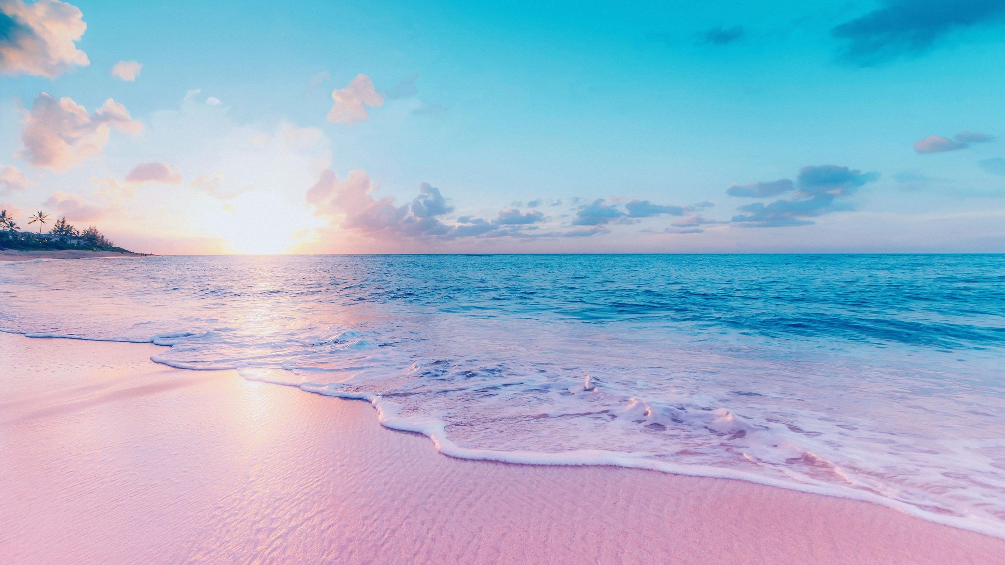 Pastel Color Sunset over Paradise Beach Wall Mural. Pastel Pink and Bl