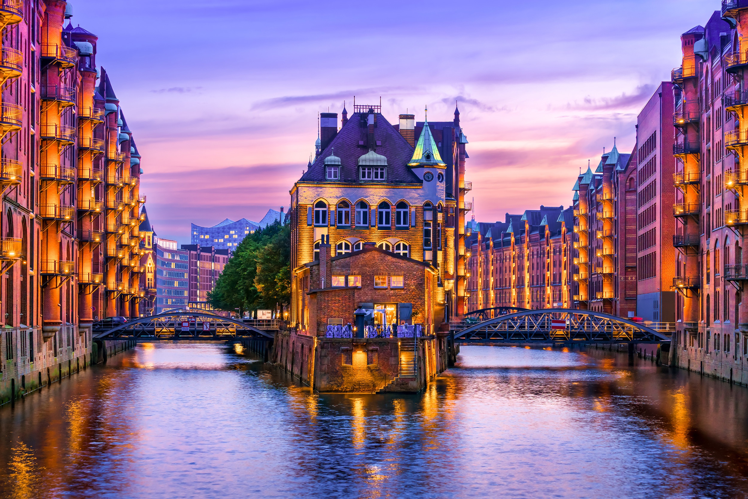 Wallpaper river, home, the evening, Germany, Hamburg, Germany, Hamburg for mobile and desktop, section город, resolution 2500x1668