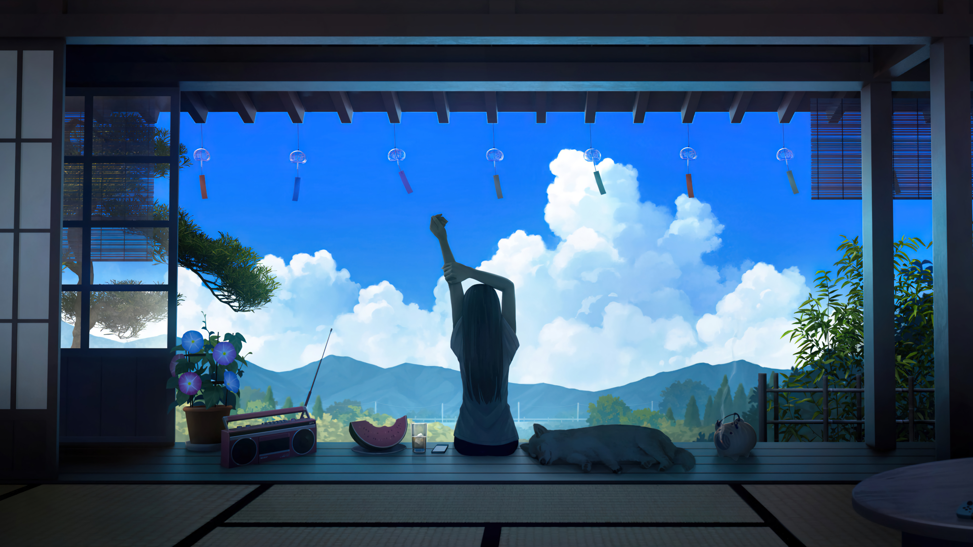 Summer Anime Girl with Dog Scenery Wallpaper 4K HD PC h