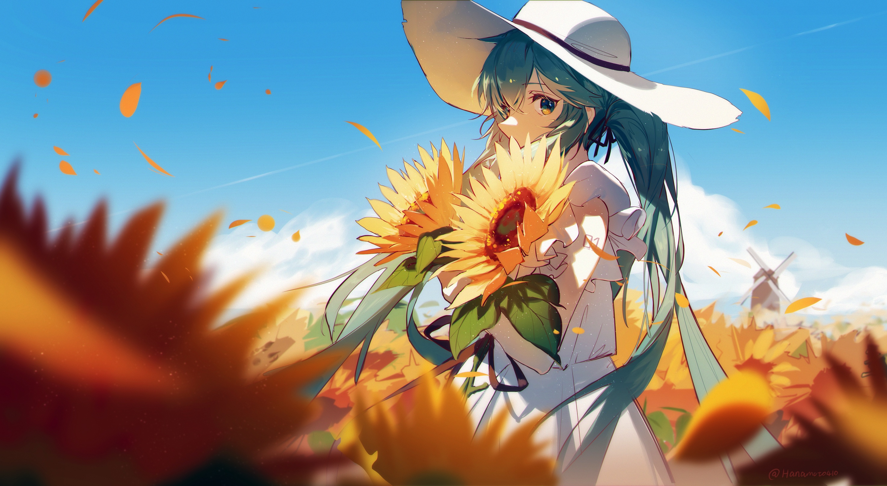 Wallpaper summer, girl, sunflowers, Hatsune Miku, Vocaloid for mobile and desktop, section арт, resolution 2947x1615