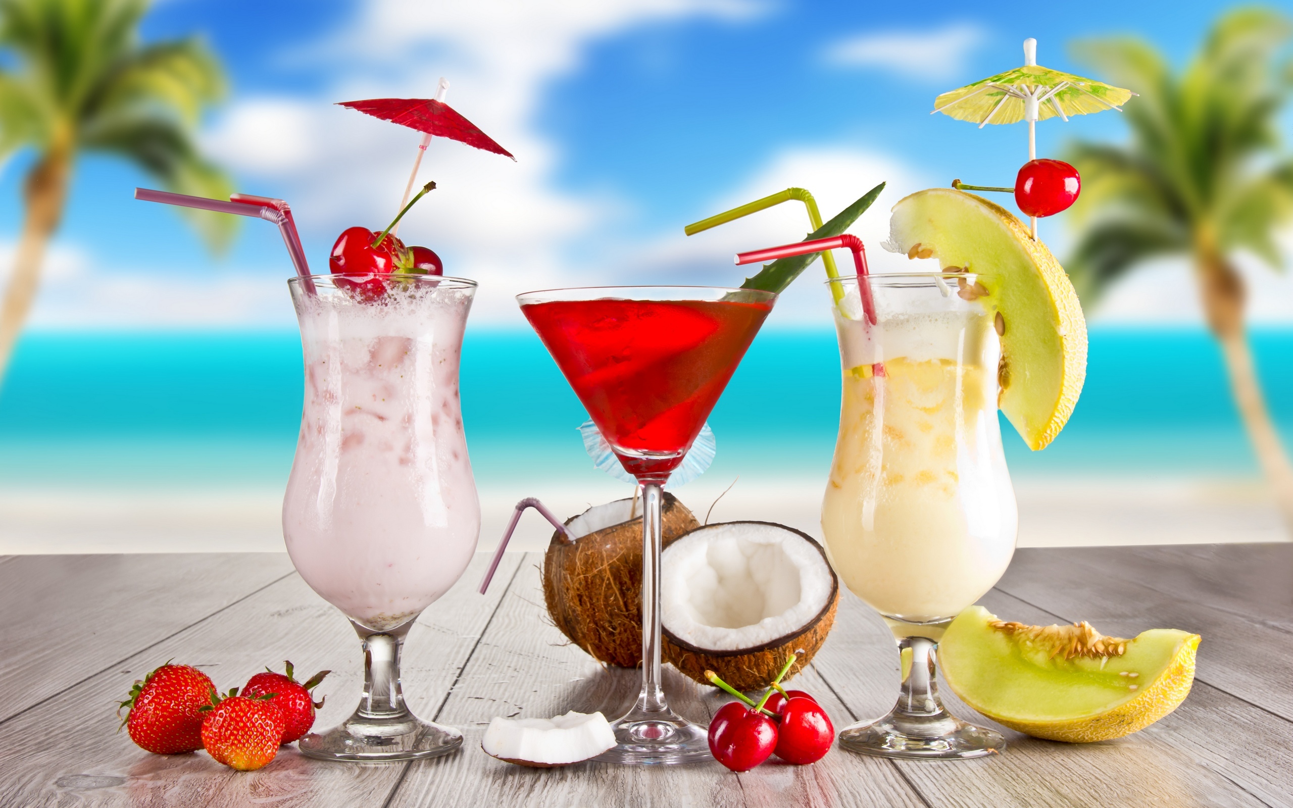 Wallpaper summer, cocktail, summer, food, melon, cherry, strawberry, cocktail for mobile and desktop, section еда, resolution 2560x1600