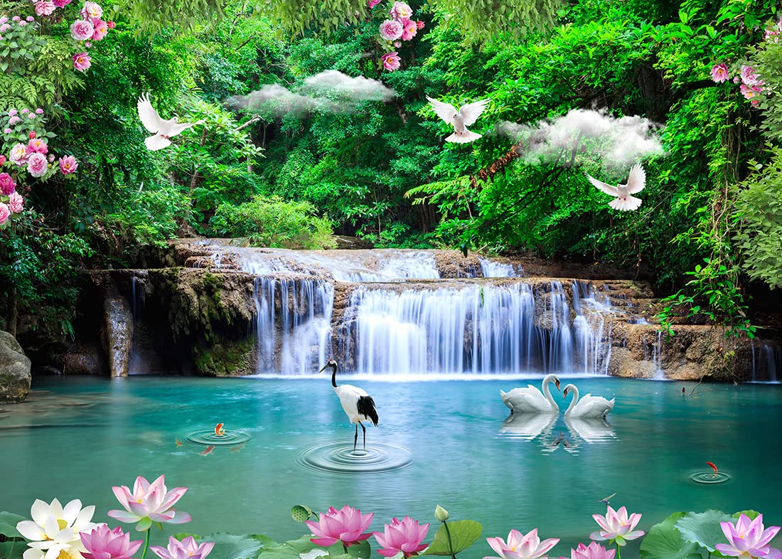 Amazon.com, BELECO 5x3ft Fabric Beautiful Forest Lake Waterfall Backdrop Jungle Forest Trees Cascade Nature Backdrop Green Water Crane White Pigeon