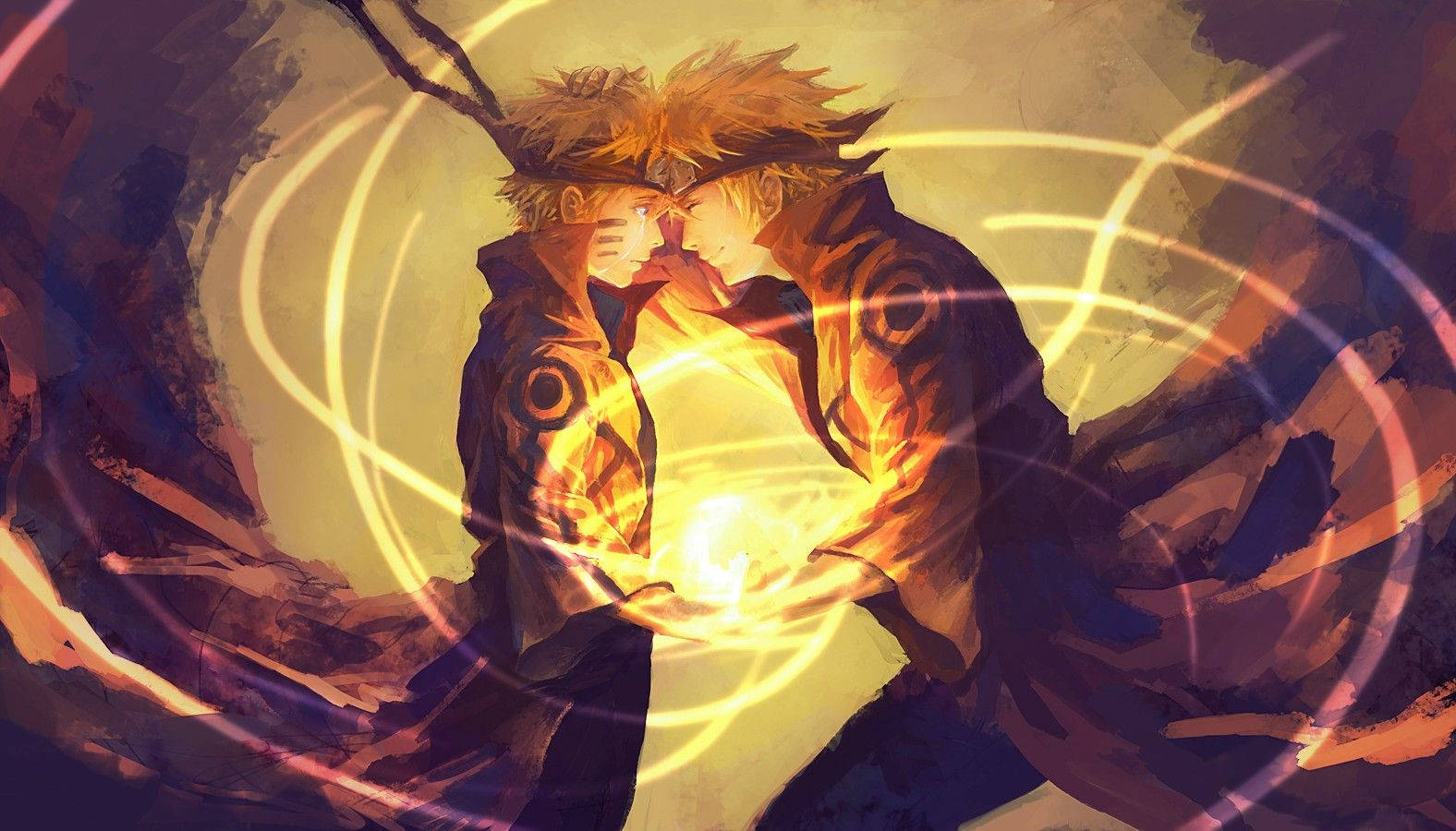 Download Yellow Backdrop Old And Young Naruto With Rasengan Wallpaper