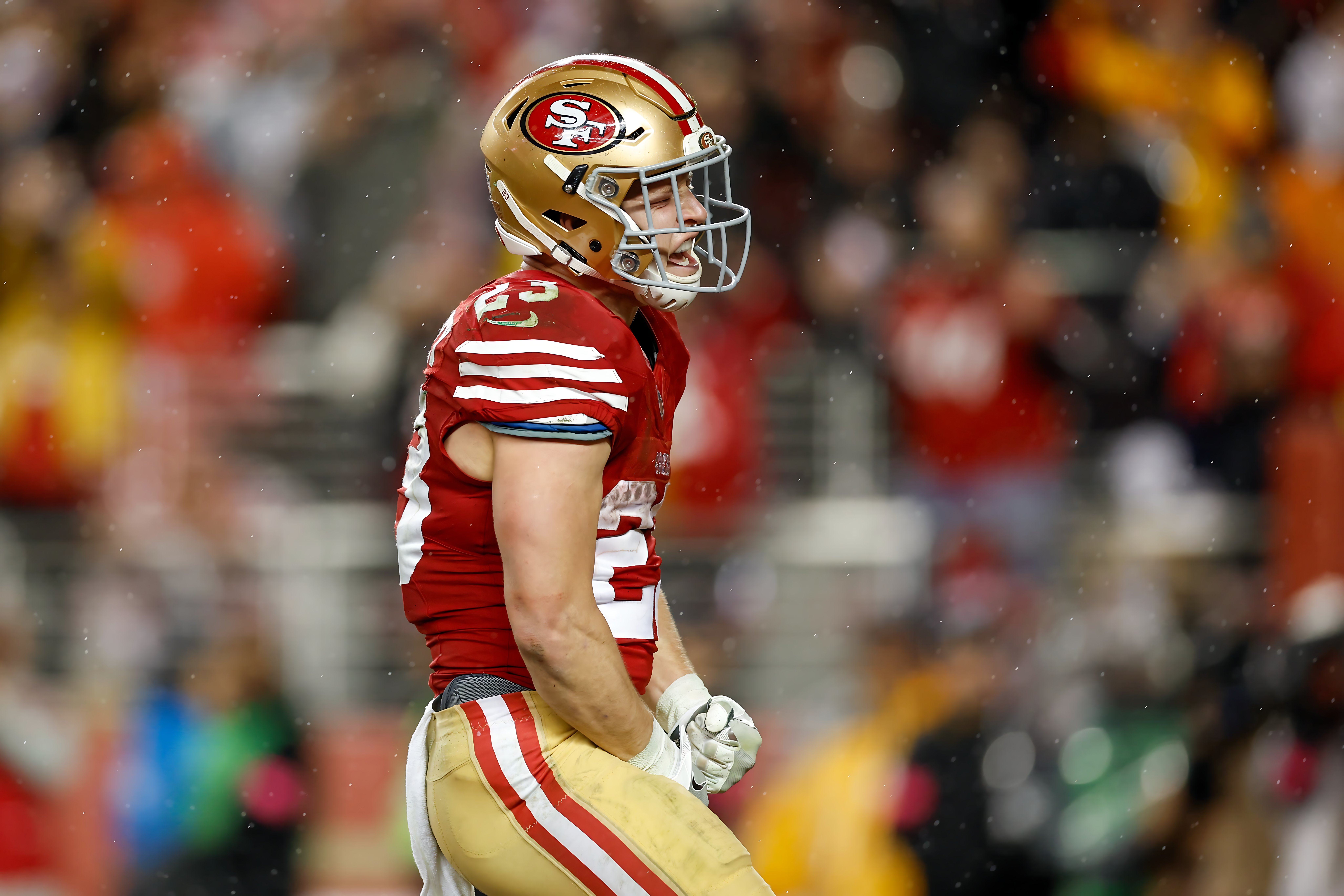 4K NFL playoff wallpaper Upscaled! 49ers Christian McCaffrey details are amazing when zoomed in, now I can print it out in large size and hang it on my