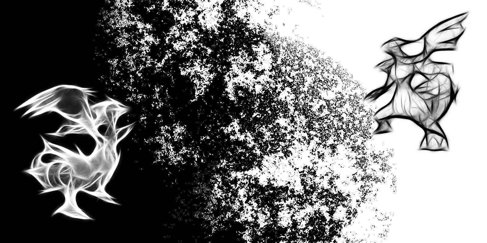 Download Scratchy Monochrome Reshiram And Zekrom Wallpaper