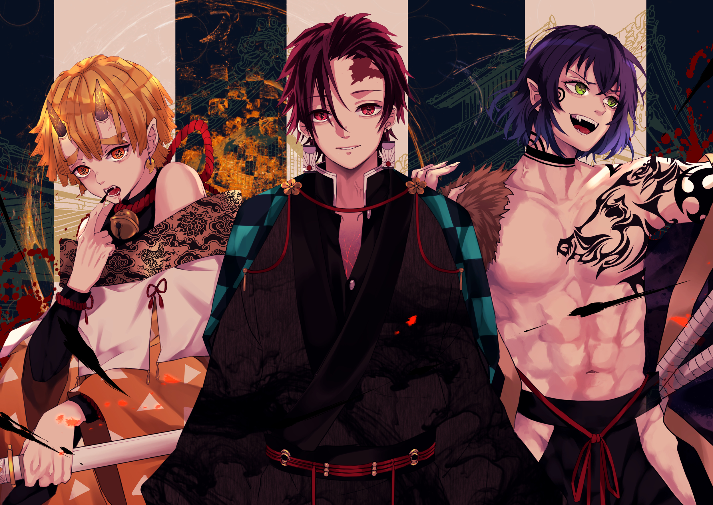 Zenitsu, Inosuke & Tanjiro Demon Slayer Wallpaper by 病む