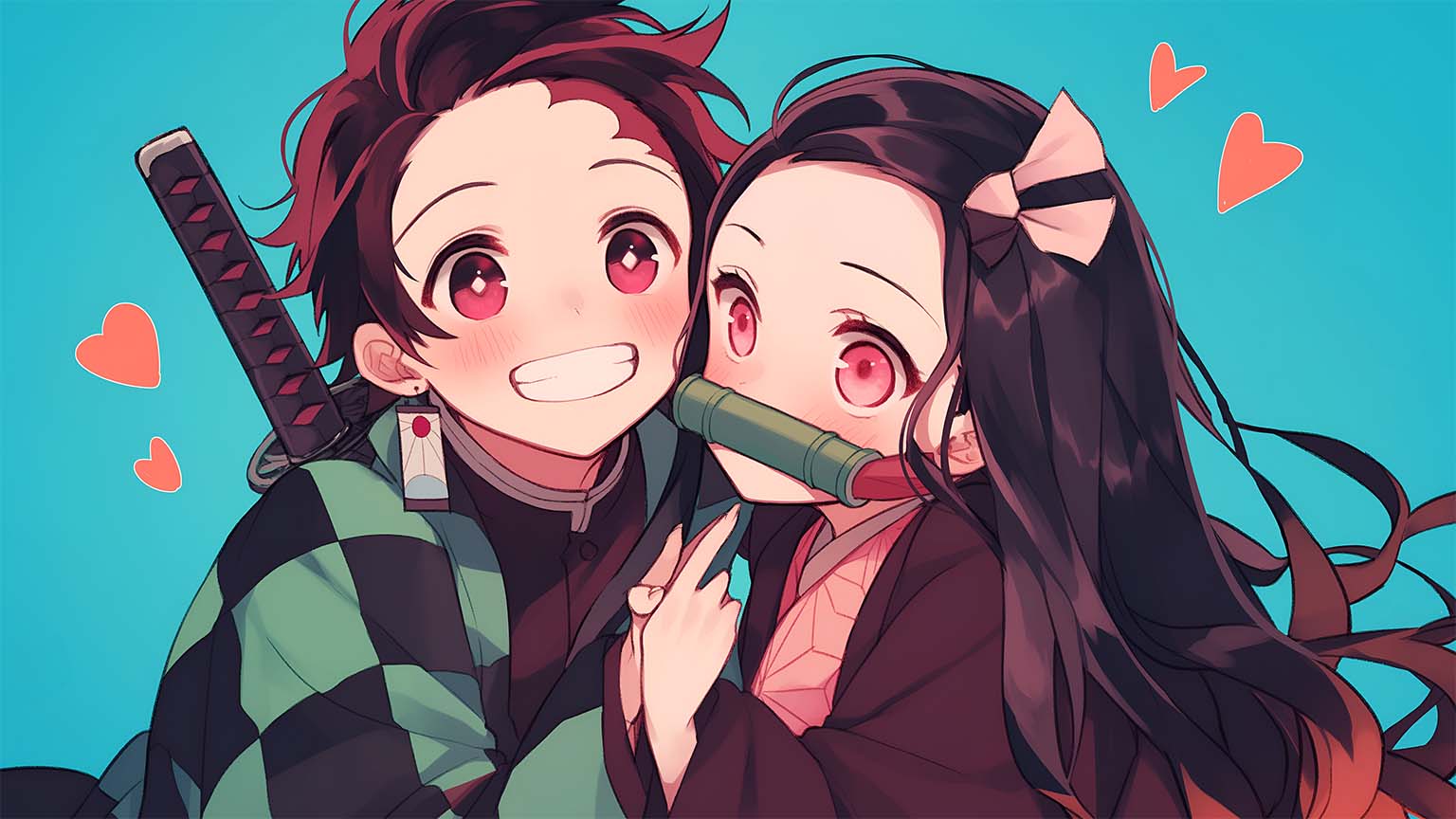 Tanjiro & Nezuko Chibi Anime Love Pose Desktop Wallpaper 4K