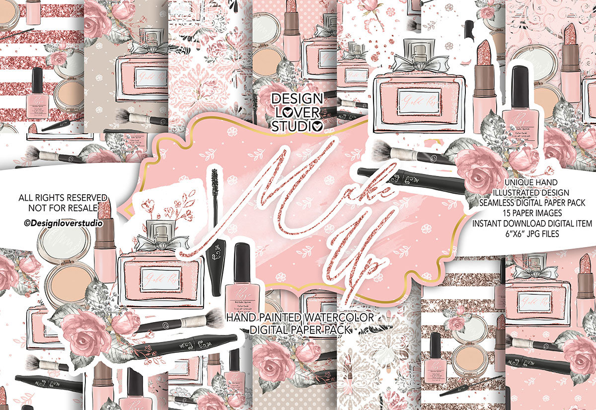 Make up Digital Paper Pack, Fashion Pattern, Lipstick, Watercolor Flower, Floral Clipart, Rose Background, Perfume, Peony, Powder