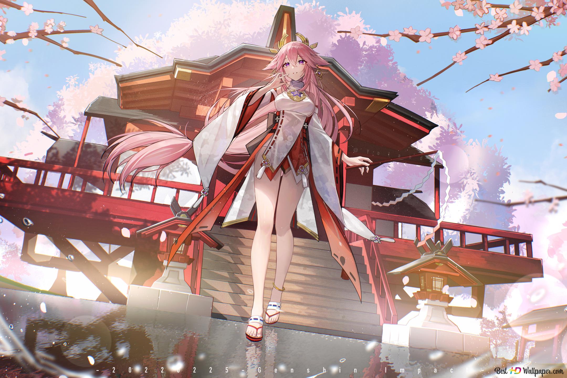 Anime girl Yae Miko at the temple. Genshin impact 4K wallpaper download