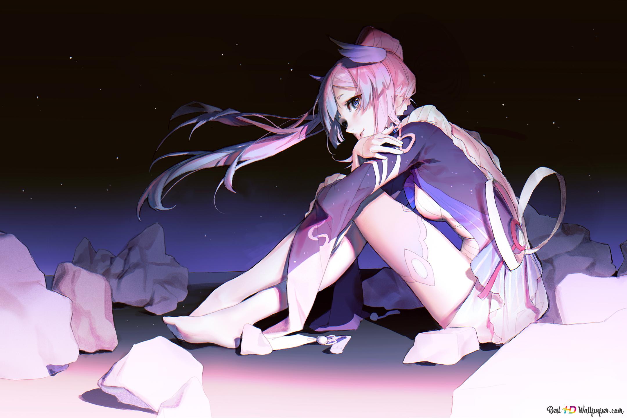 Alone beautiful anime girl waiting for someone. Genshin Impact 4K wallpaper download