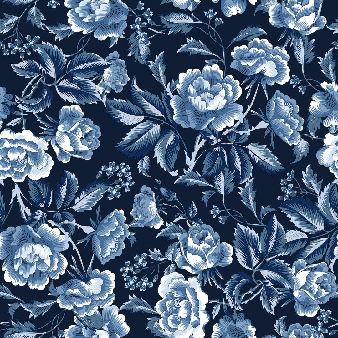 Blue Wallpaper With Blue Denim Roses, A Cool Rose Paper Vintage Style