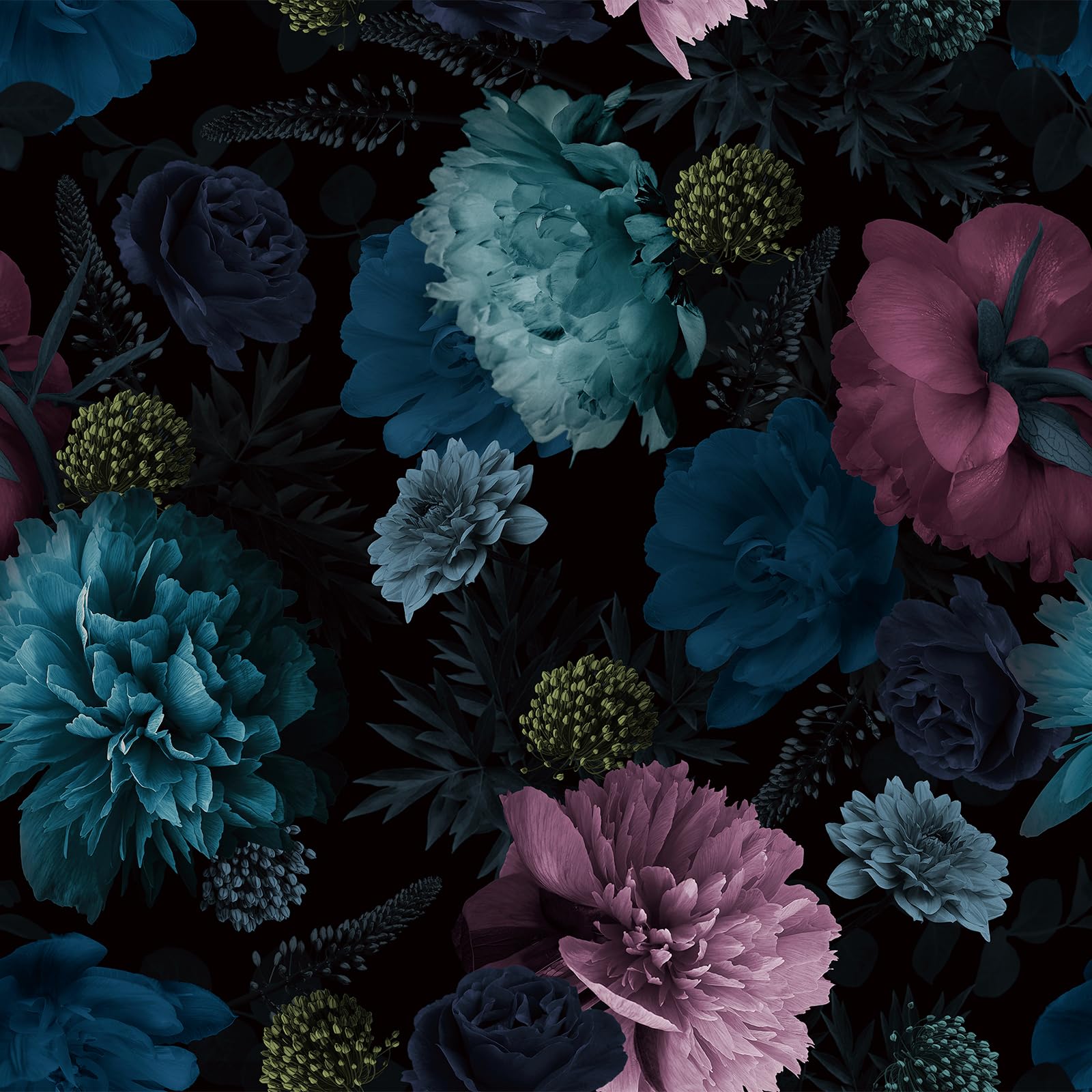 Livelynine Floral Wallpaper Peel and Stick Dark Moody Navy Blue Flowers Pink Peony Black Floral Wall Paper for Bathroom Purple Olive Green Vintage