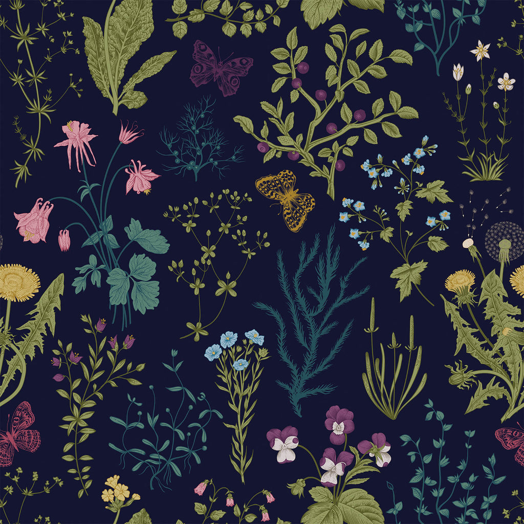 VEELIKE Navy Blue Herbs Floral Wallpaper