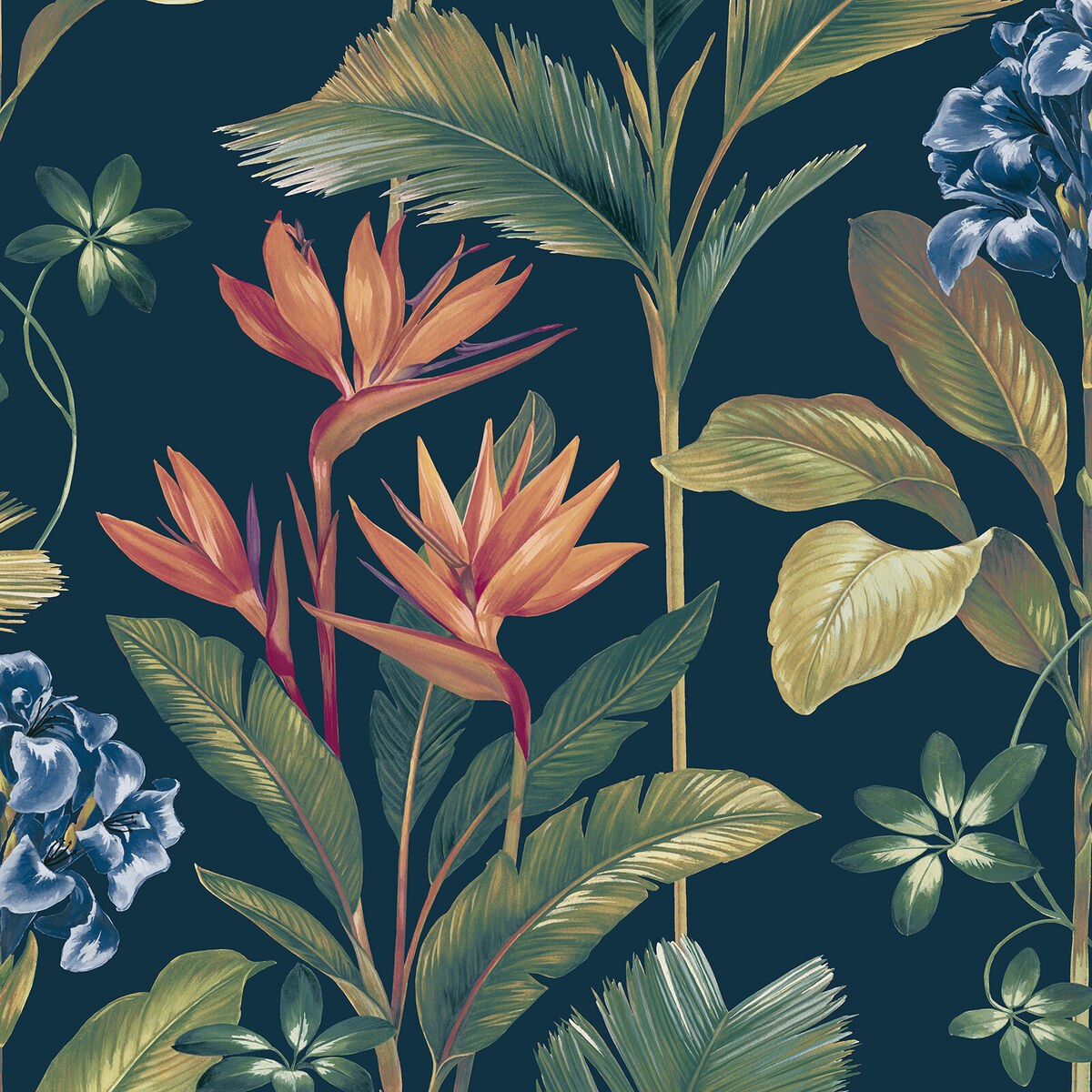 Oliana Tropical Floral Wallpaper Palm Leaves Flowers Navy Blue Green Belgravia