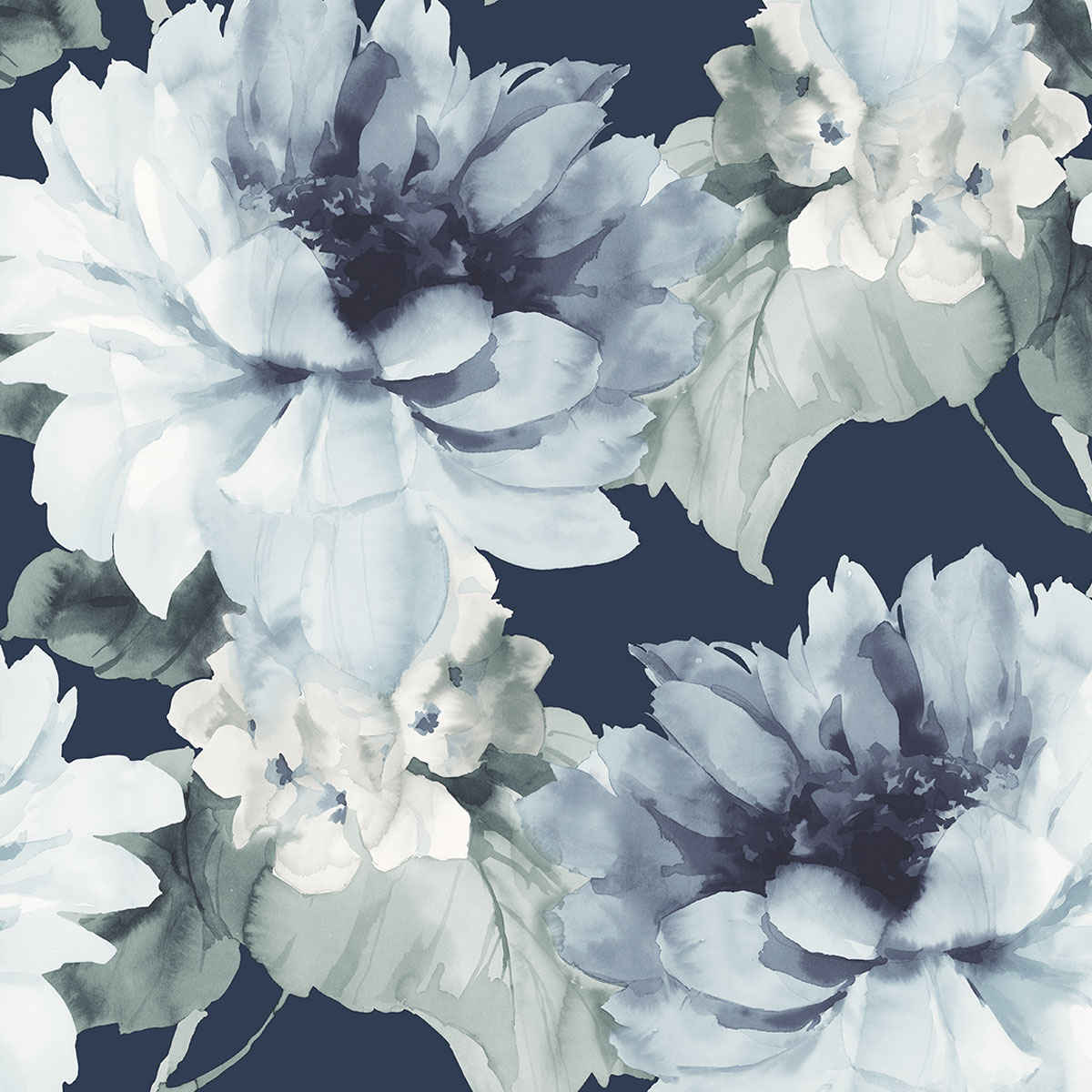 Harry & Grace Peel & Stick Watercolor Floral Navy Blue & Slate Green Wallpaper