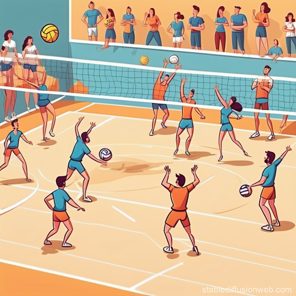 Cartoon Volleyball Scene. Stable Diffusion Online