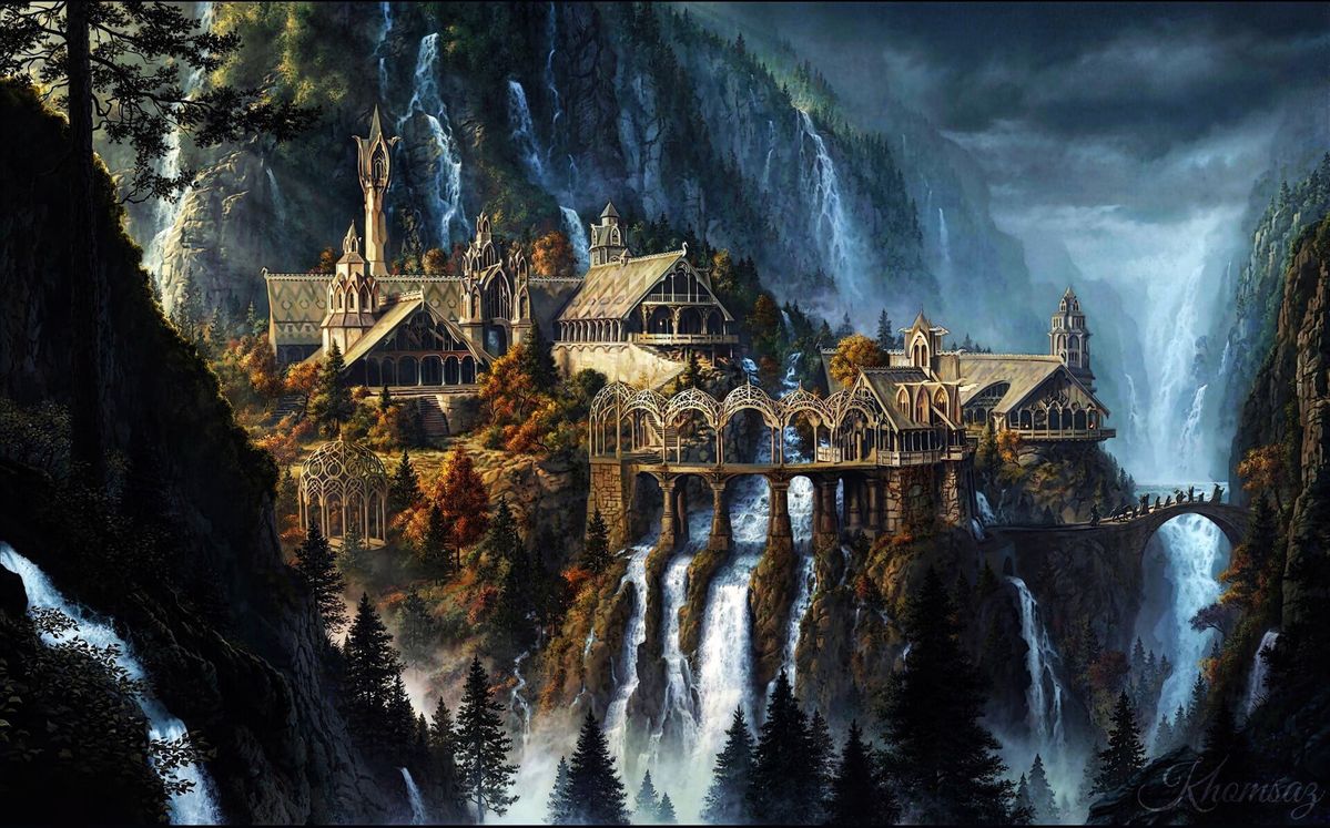HD wallpaper: Rivendell, The Lord of the Rings, fantasy art, waterfall, artwork