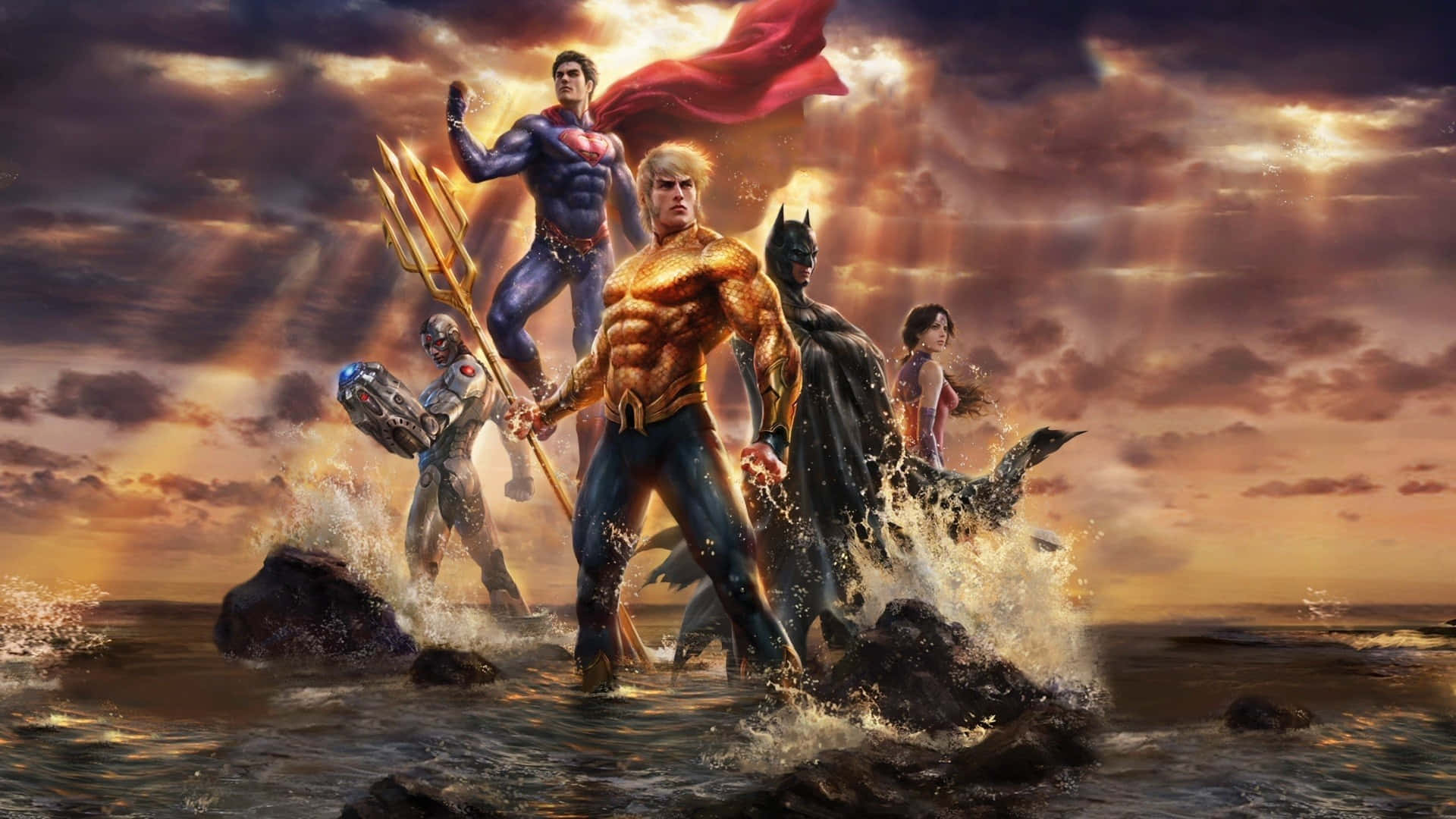 Download Justice League members gather in front of Atlantis throne Wallpaper