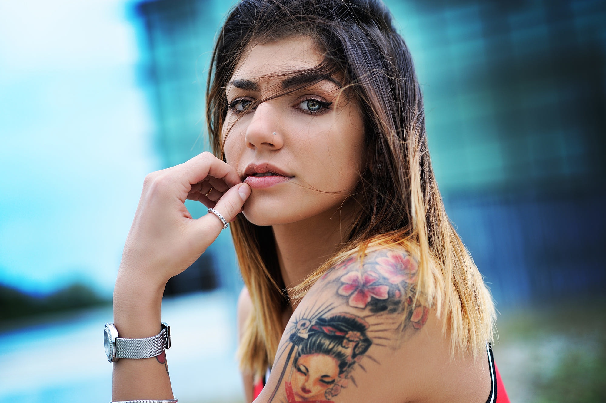 Download Face Tattoo Depth Of Field Brunette Woman Model HD Wallpaper