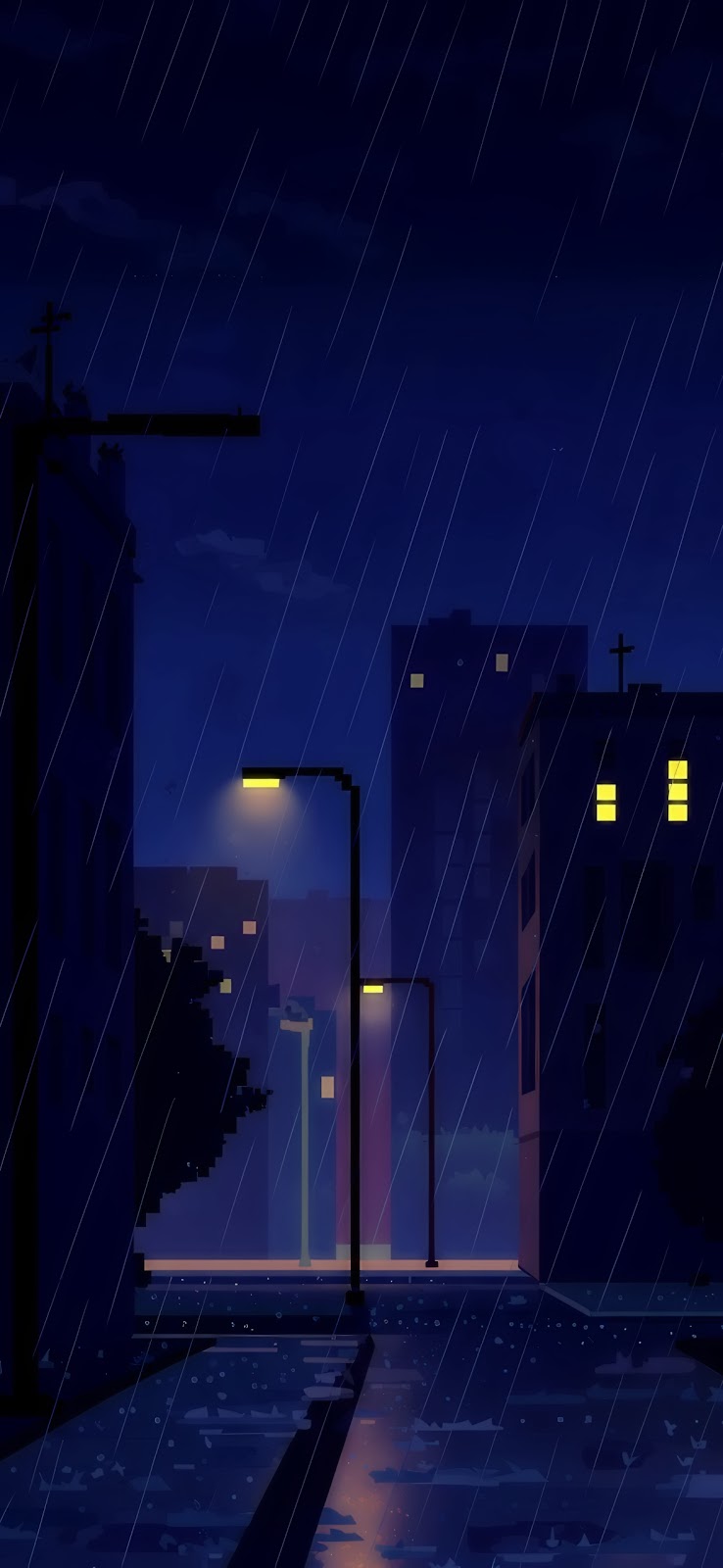 Pixel Art Rainy City Corner at Night Wallpaper