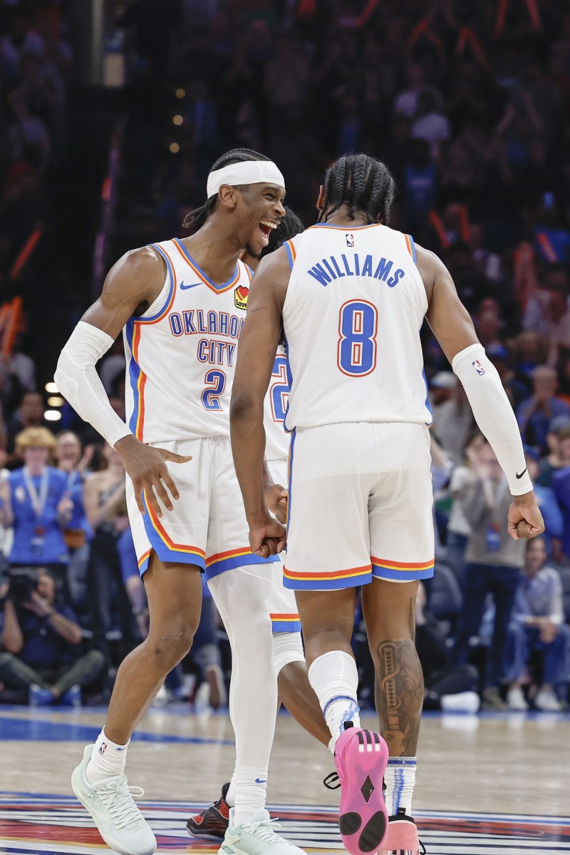 Oklahoma City Thunder Guard Shai Gilgeous Alexander Celebrates With Forward Jalen Williams After He Dunked Against The Dallas Mavericks During The Second Half At Paycom Center