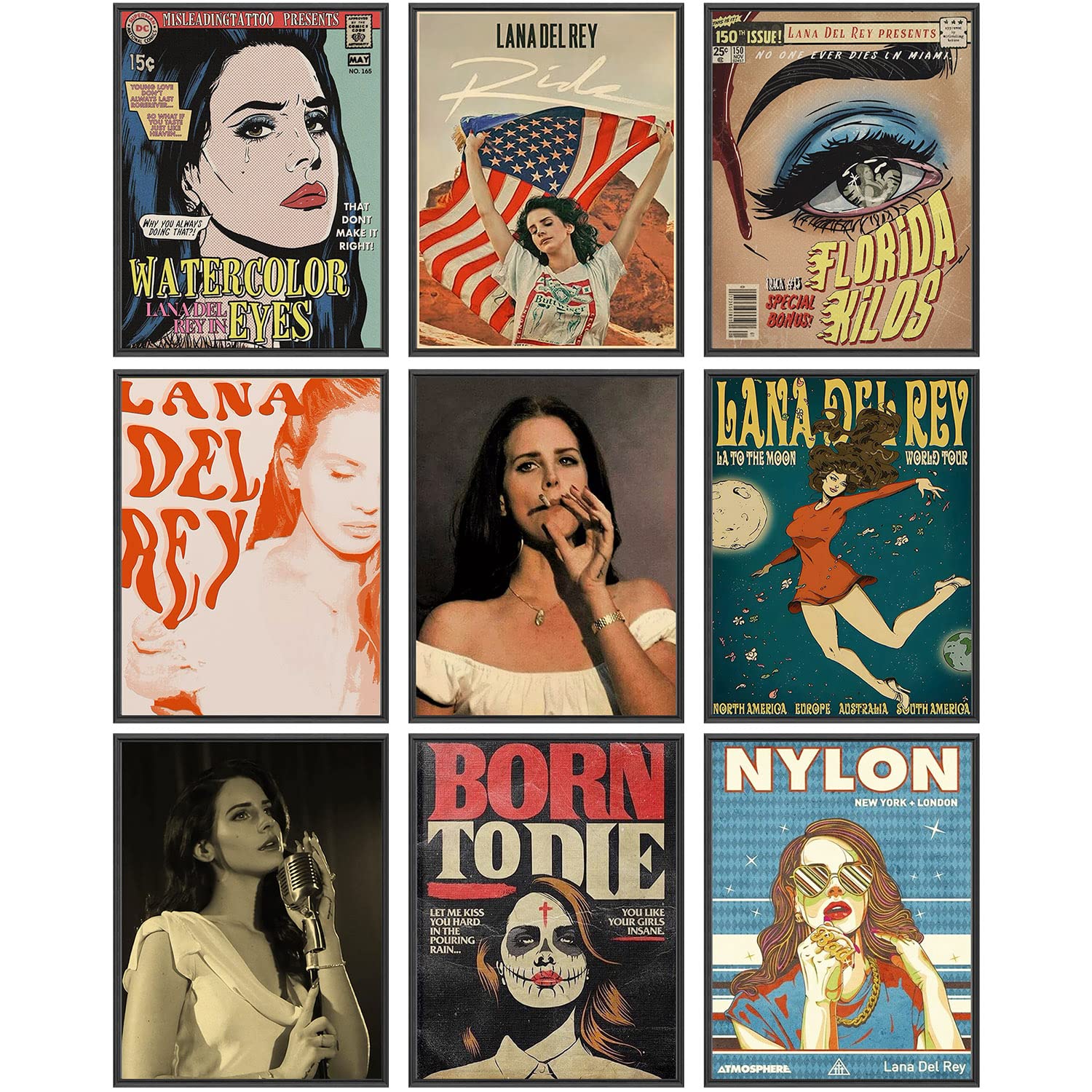 IZOOMIHOME Lana Del Rey Aesthetic Poster, Vintage Music Posters, Album Cover Inspired Wall Art, Lana Gifts Merch, Room Decor Aesthetic (Set of 9, 8in x 10in, Unframed) in Oman