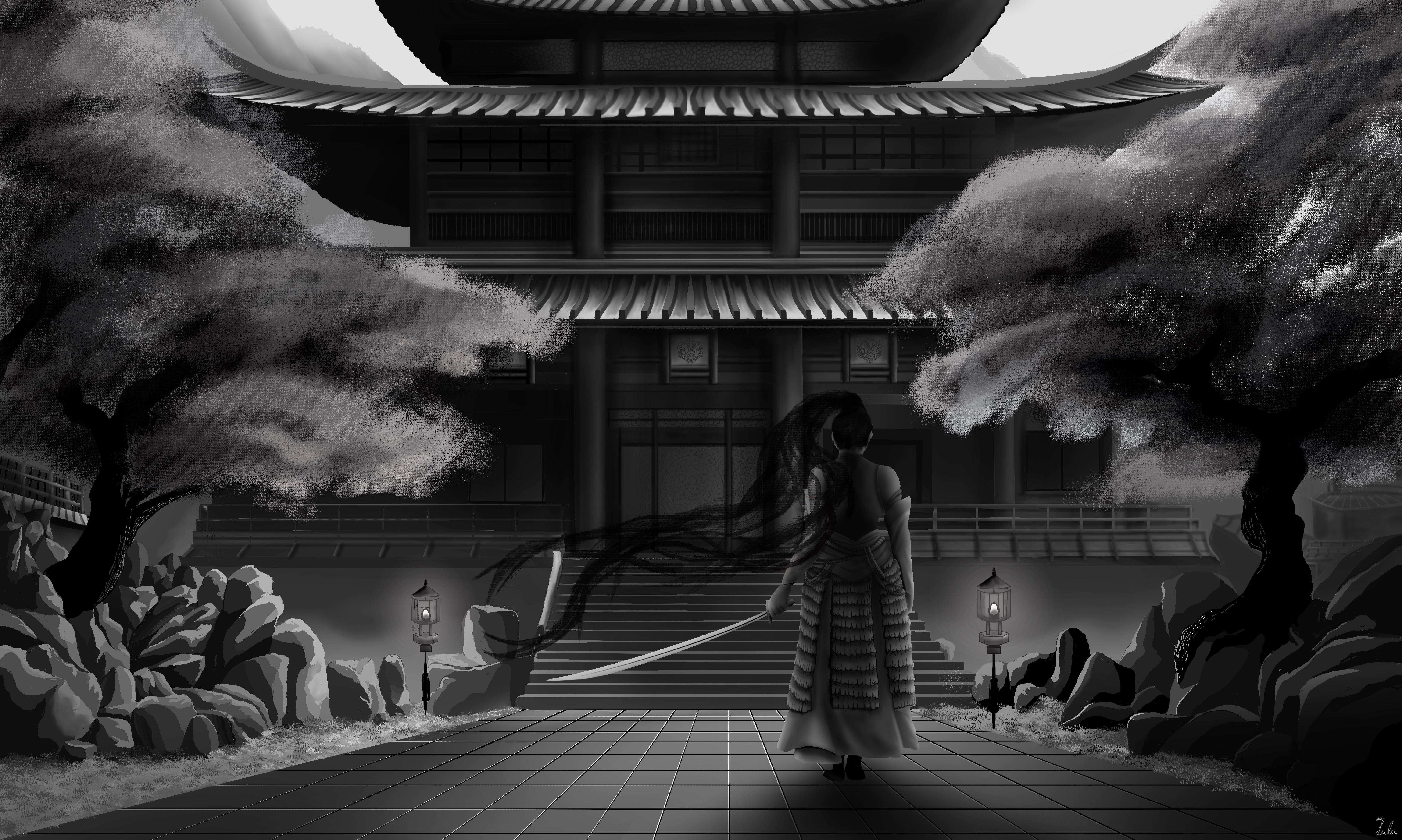 Japanese Samurai Wallpaper Illustration, NaWLulu, DigitalArt, 2024