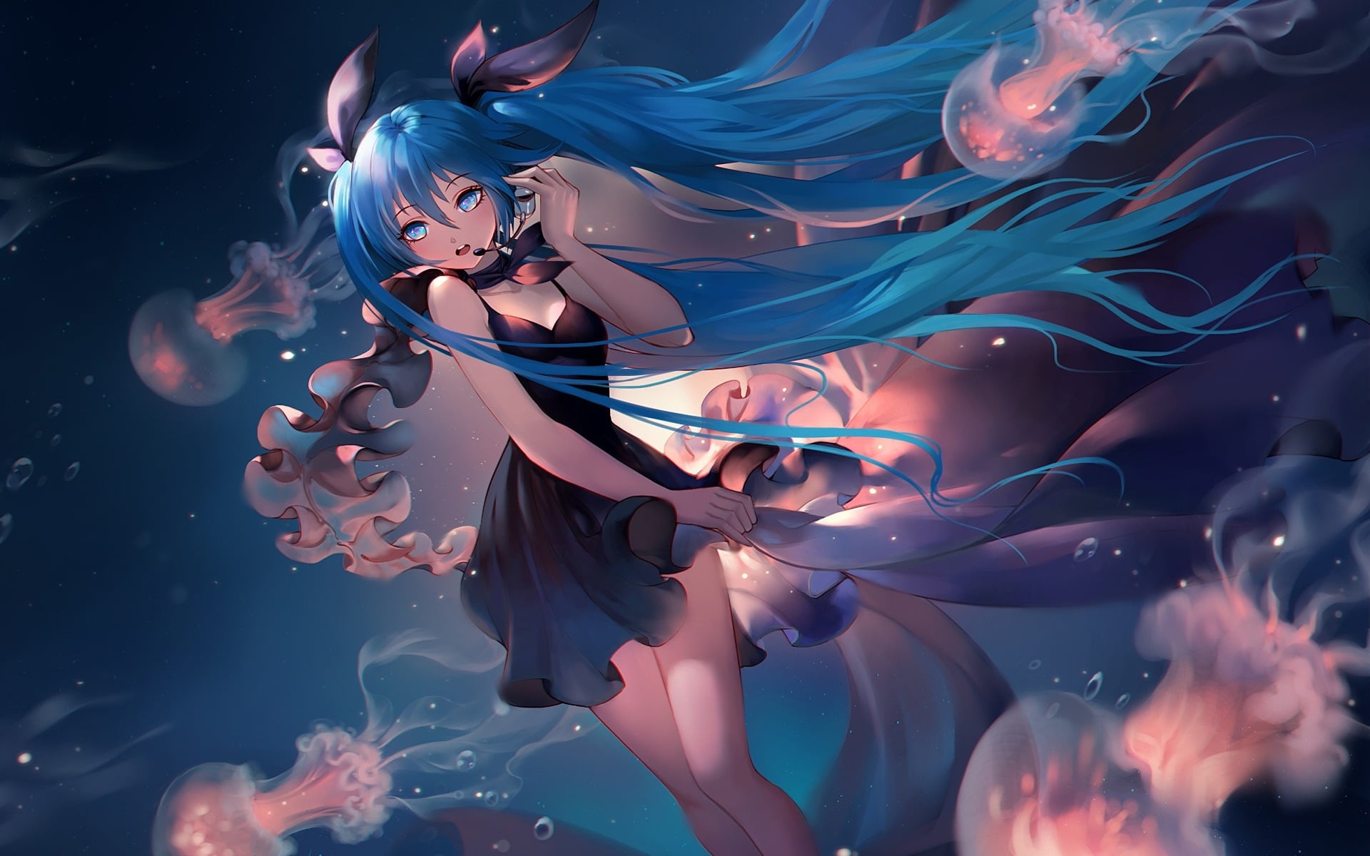 Wallpaper jellyfish, Hatsune Miku, Anime, long hair, Vocaloid, blue hair, character, beautiful girlfriend again for mobile and desktop, section сёнэн, resolution 1920x1200