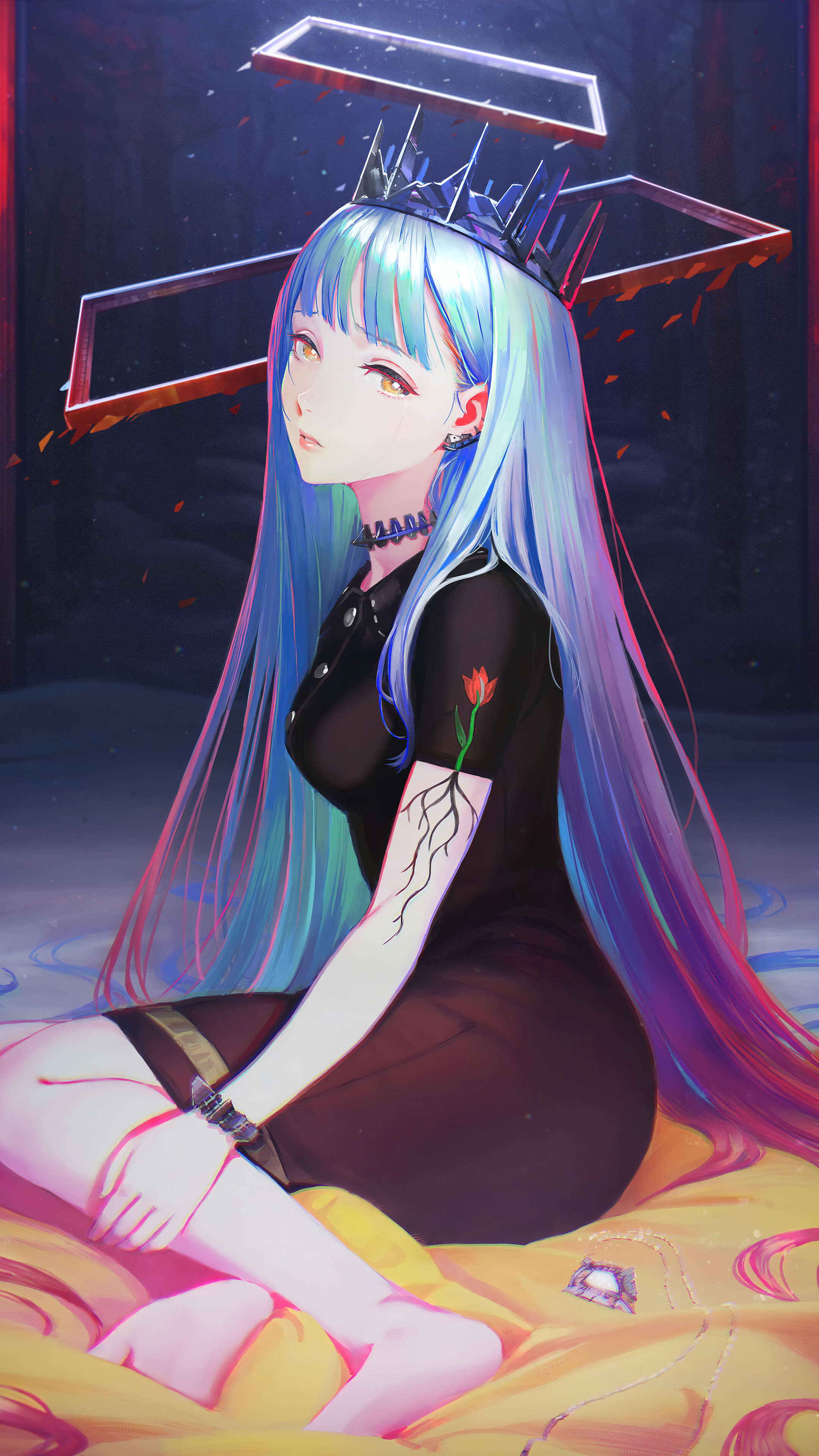 Beautiful Anime Girl Blue Hair Wallpaper iPhone Phone 4K f