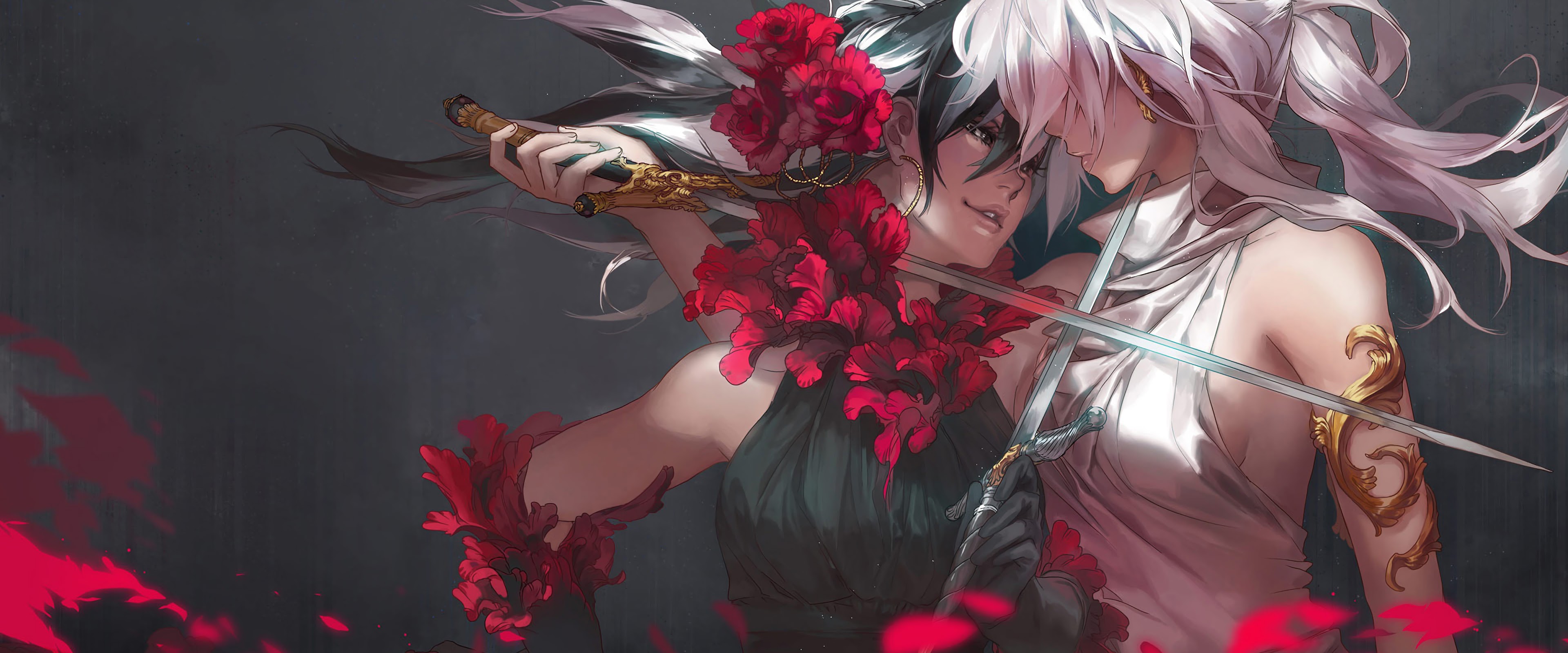 Anime Girls Sword Battle Fantasy 4K Wallpaper