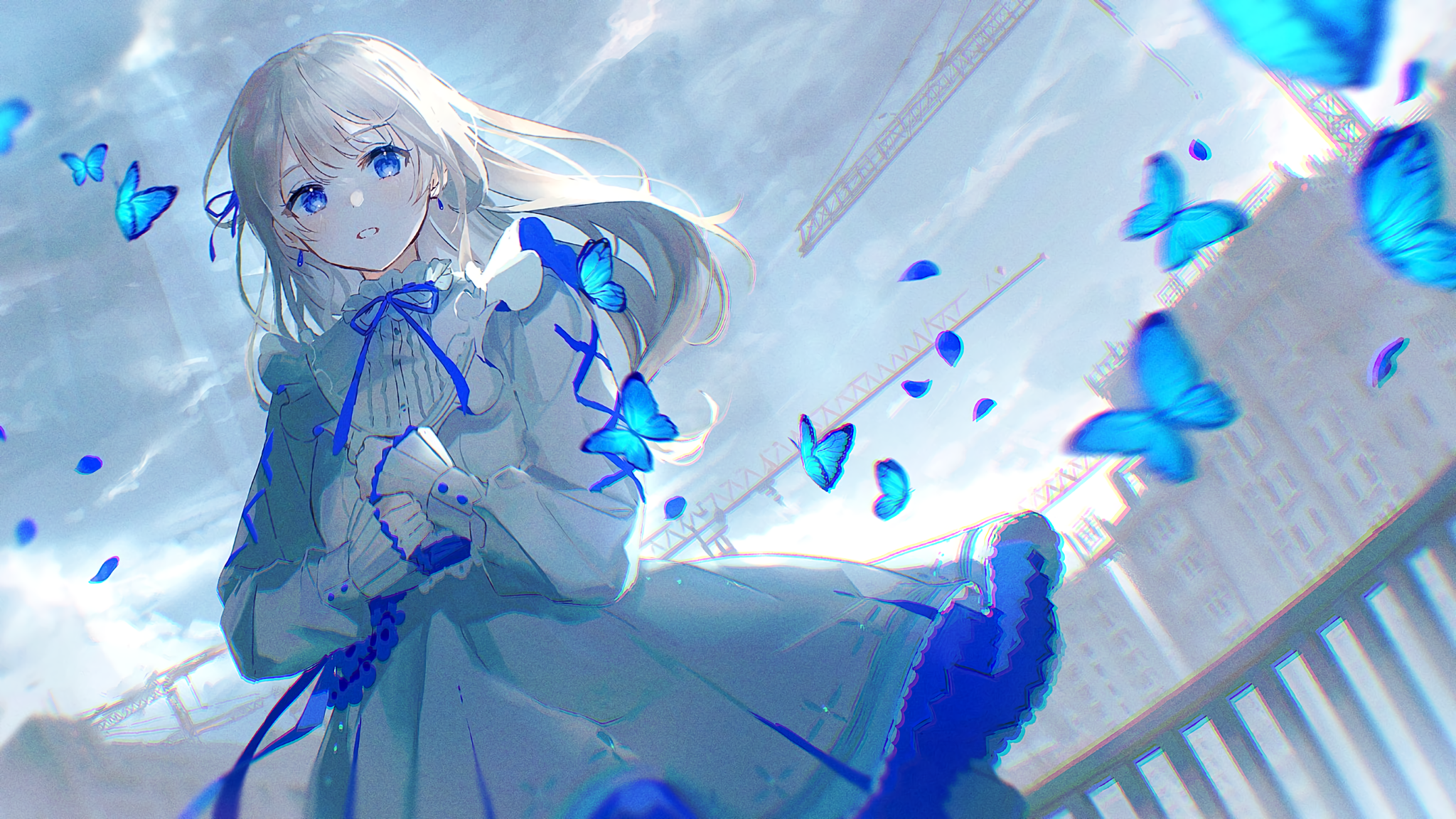 Download White Hair Long Hair Dress Butterfly Blue Eyes Anime Girl Anime Girl HD Wallpaper by おゆゆ