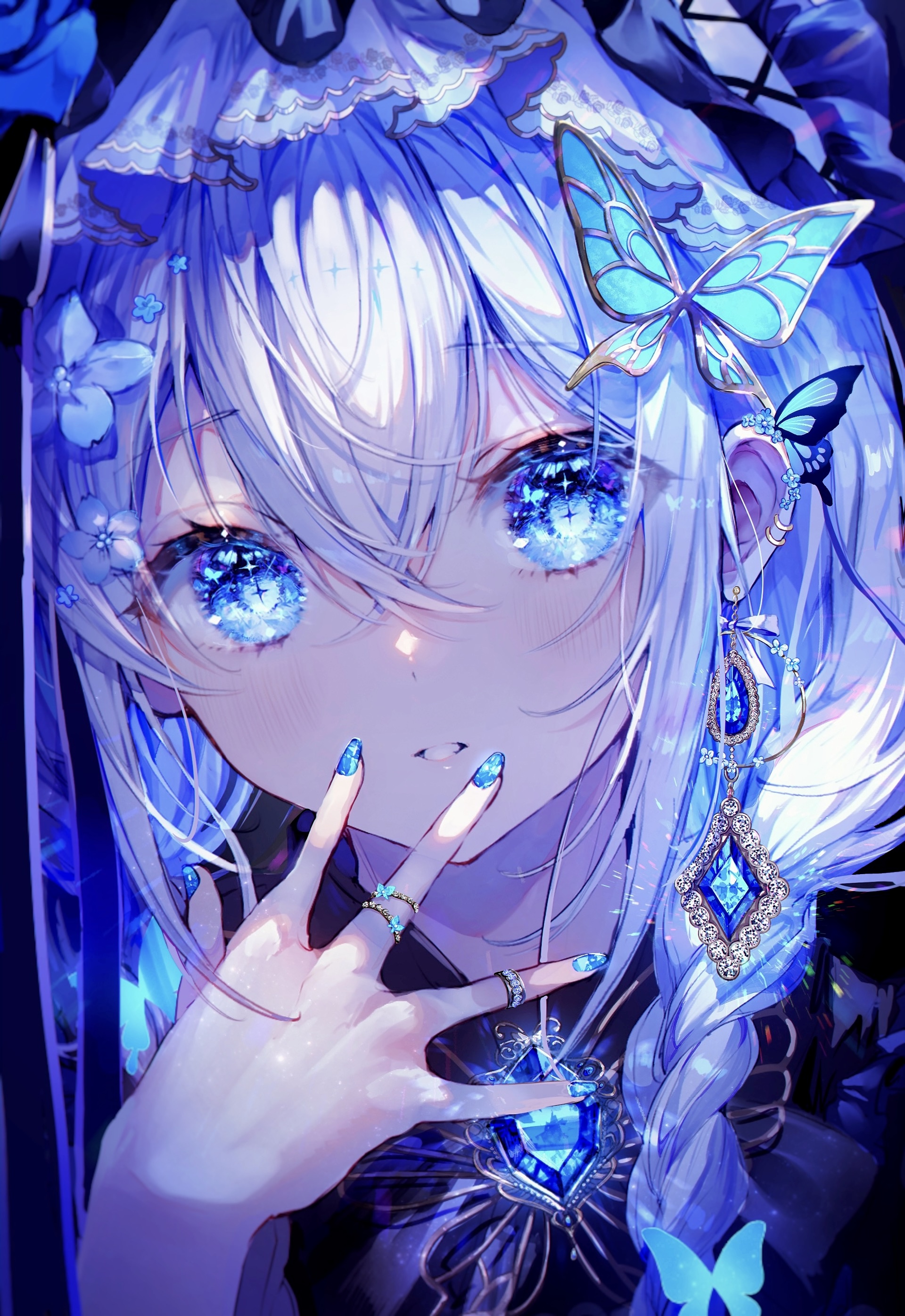 blue hair, blue eyes, looking at viewer, long hair, anime, anime girls, portrait display, earring, star eyes, butterfly, ringsx2791 Wallpaper