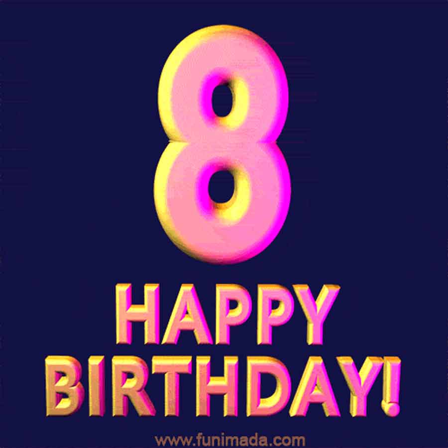 Animated 3D Happy 8th Birthday Text GIF on Funimada.com