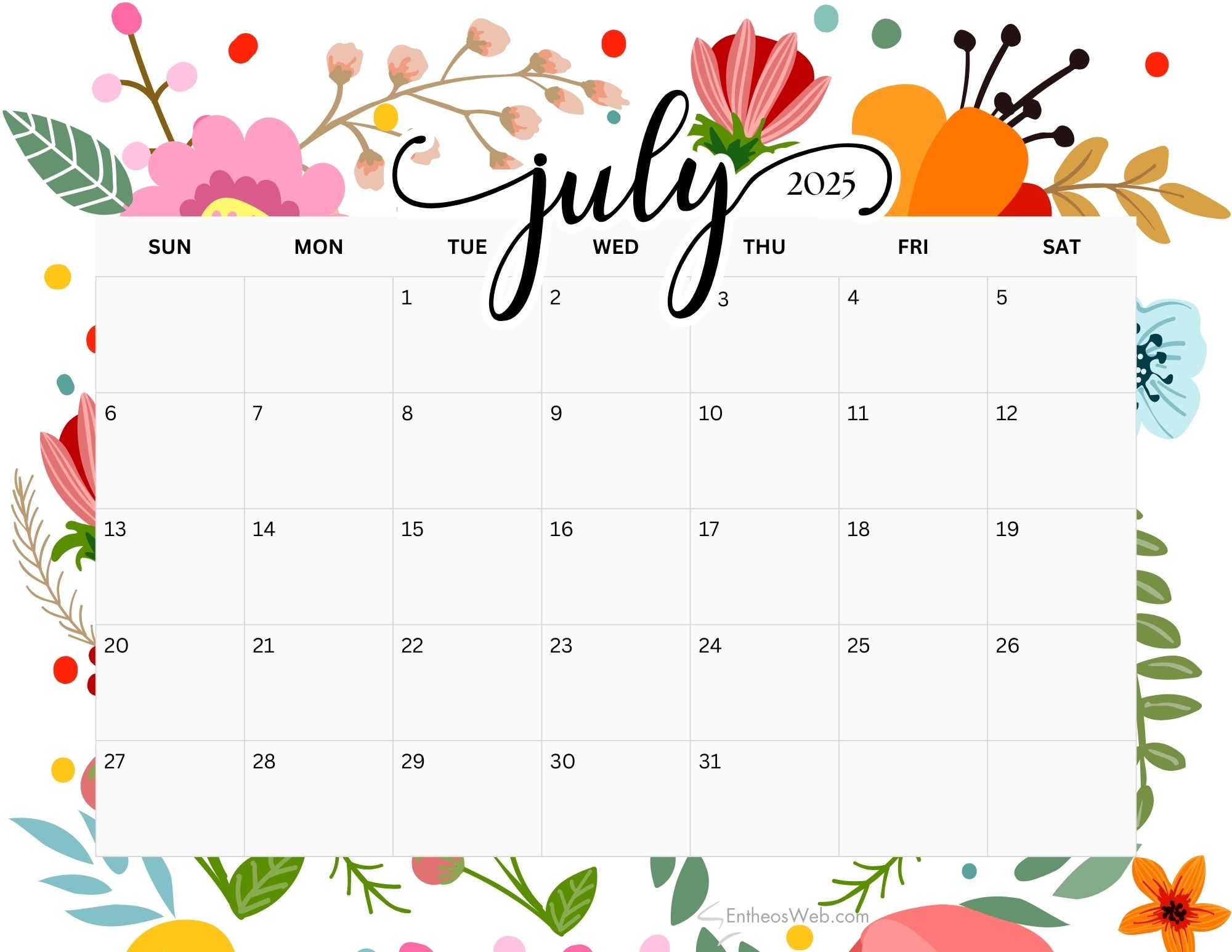 July 2025 Calendar Printables
