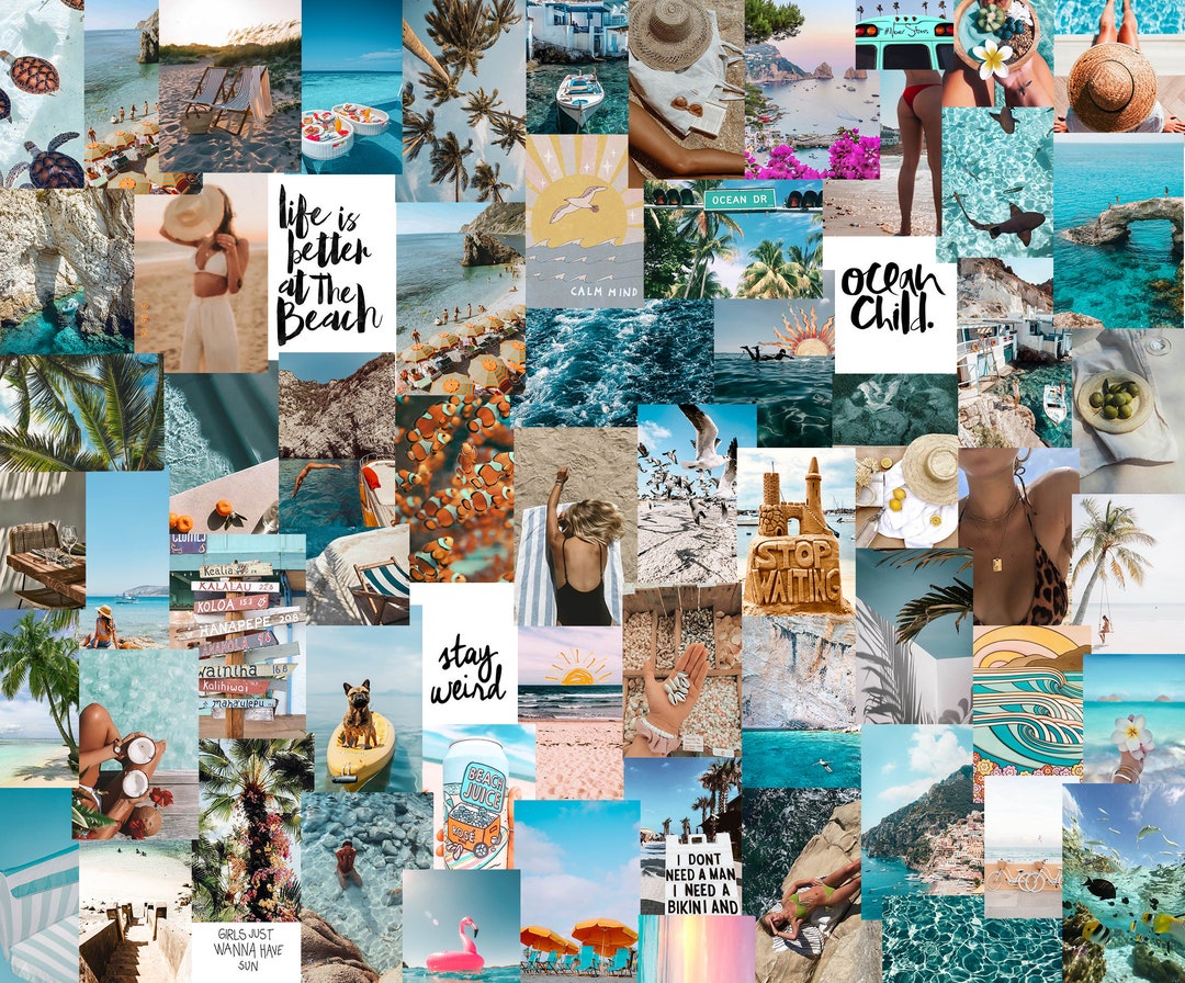 Boho Wall Collage Kit Blue Aesthetic Room Decor, Photo Wall Collage Kit Dorm Decor, Beach Aesthetic Travel Wall Collage