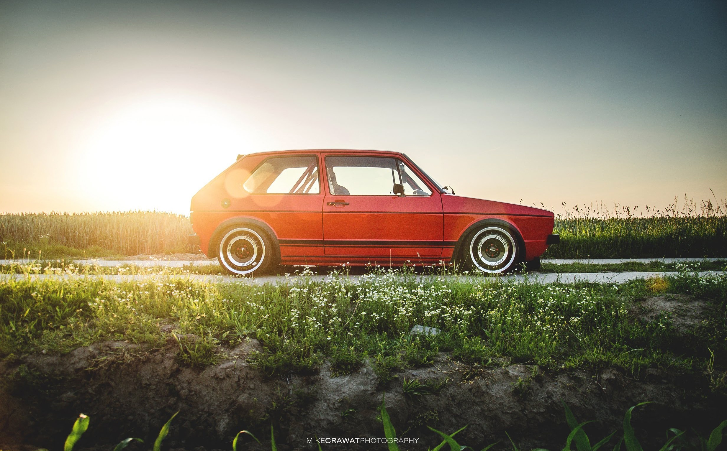 Wallpaper Sunset, The sun, Red, Auto, Volkswagen, Machine, Golf, Volkswagen Golf for mobile and desktop, section volkswagen, resolution 2464x1530