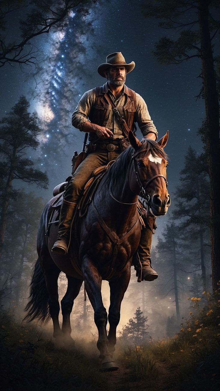 Wallpaper cowboy, rider, horse, forest, night, sky, space, art, Animals 4K by ♤CRISTIAN♧¿. Download wallpaper cowboy, rider, horse, forest, night, sky, space, art for free