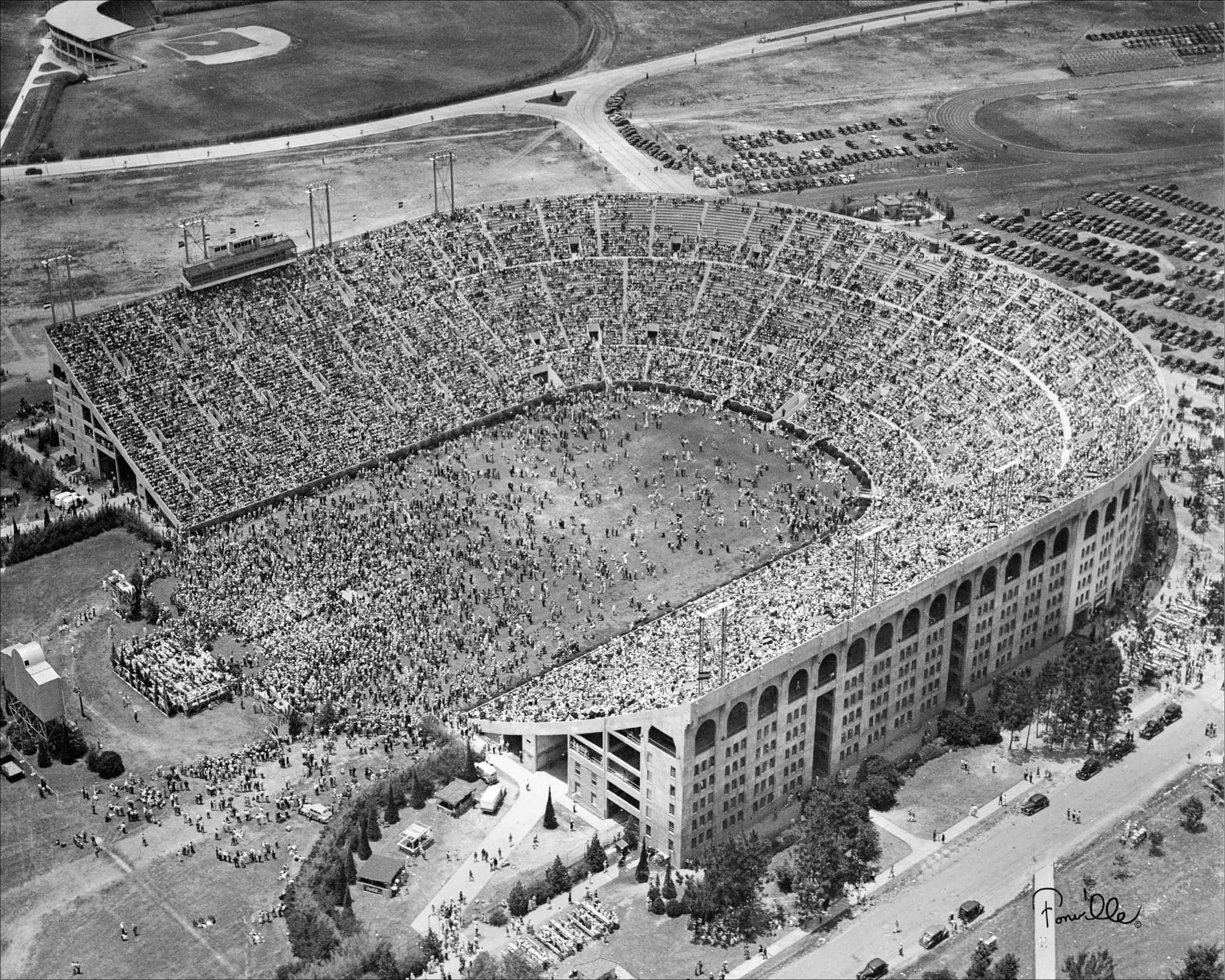 LSU Tiger Stadium with Alex Box Stadium Aerial- 1950's