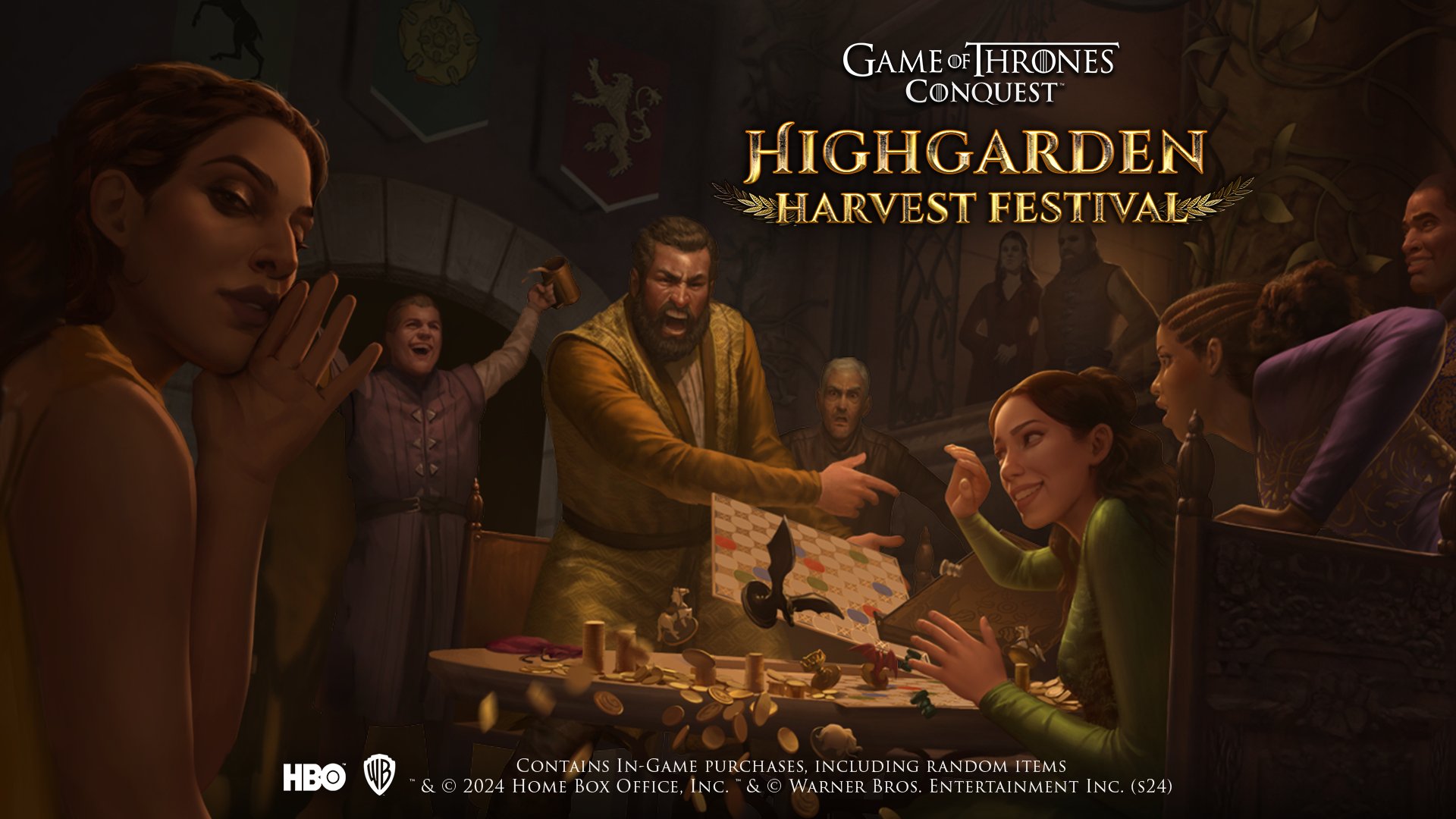 Game of Thrones: Conquest nobility celebrate in opulence at the Highgarden Harvest Festival, spilling wine and igniting romance. Participate in the festivities and earn exclusive rewards! For a full