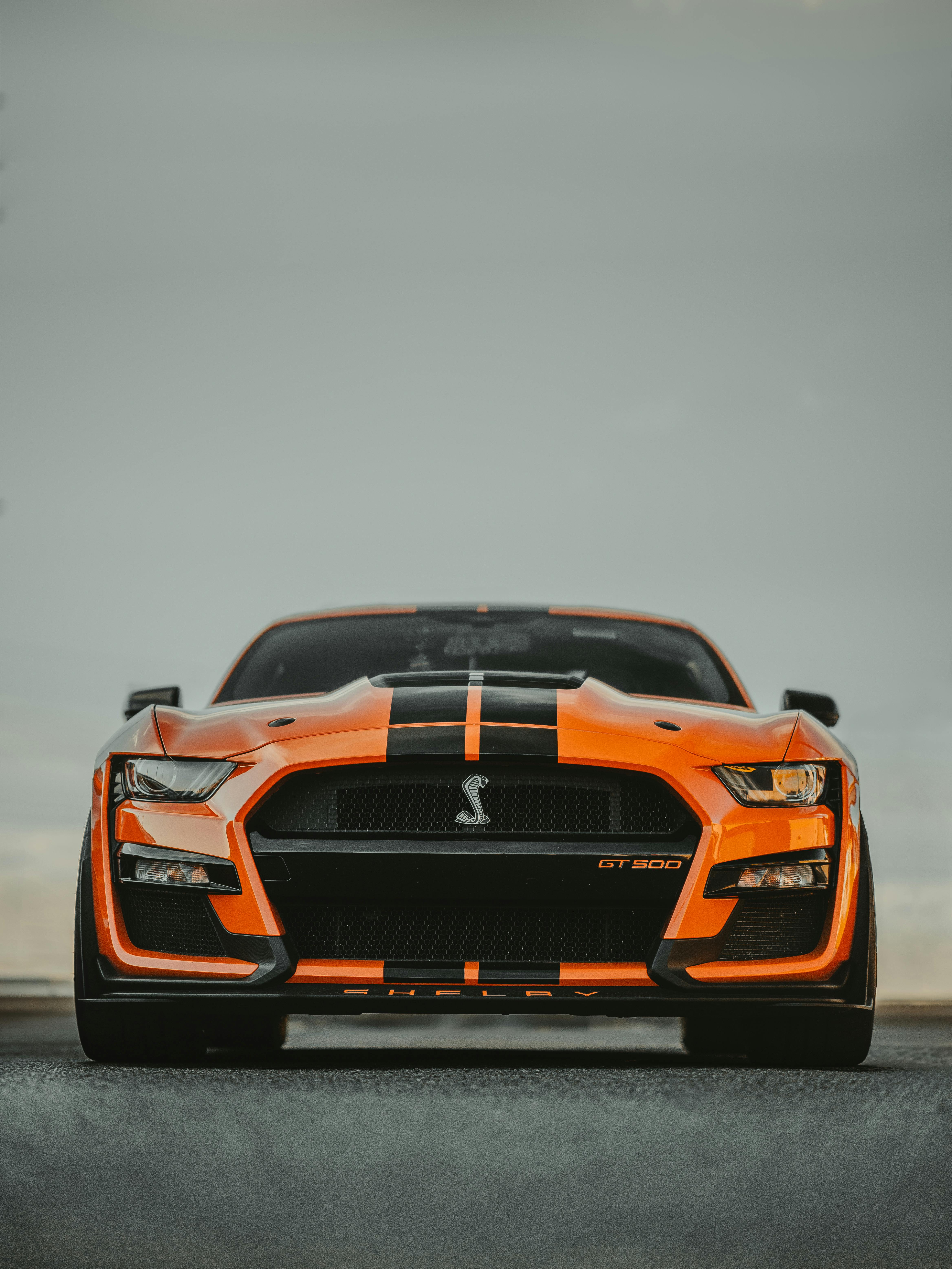 Vibrant Orange Ford Mustang GT500 Front View · Free
